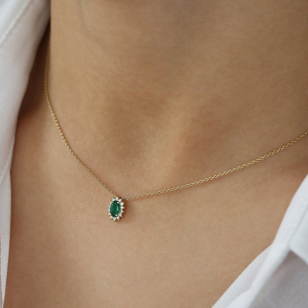 OBFJ2052 - Emerald Necklace with Halo Diamonds necklace in selectable metal and diamond options - Roselle Jewelry view 2