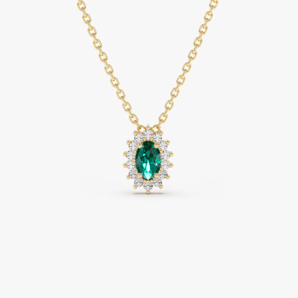 OBFJ2052 - Emerald Necklace with Halo Diamonds necklace in selectable metal and diamond options - Roselle Jewelry view 1