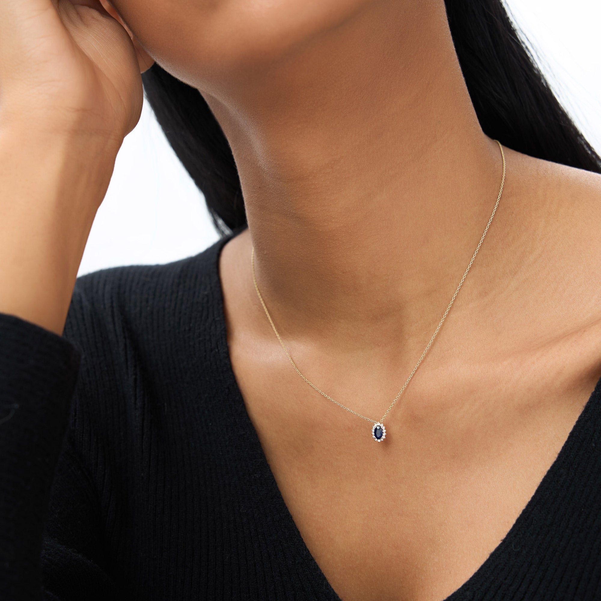 OBFJ1373 - 14k Sapphire Necklace with Halo Diamonds Necklace 6