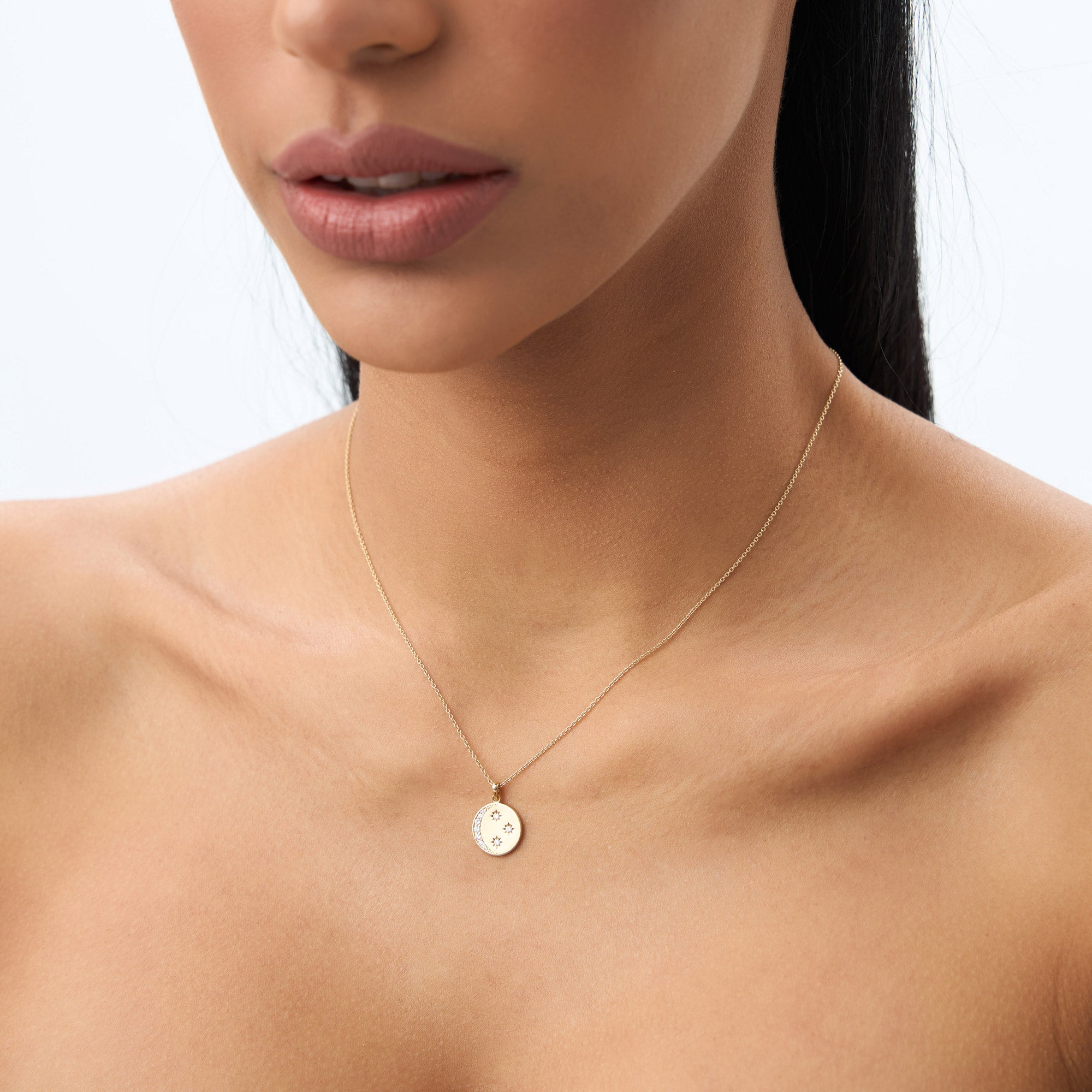 OBFJ2030 - Diamond Moon and Crescent Pendant necklace in selectable metal and diamond options - Roselle Jewelry view 5