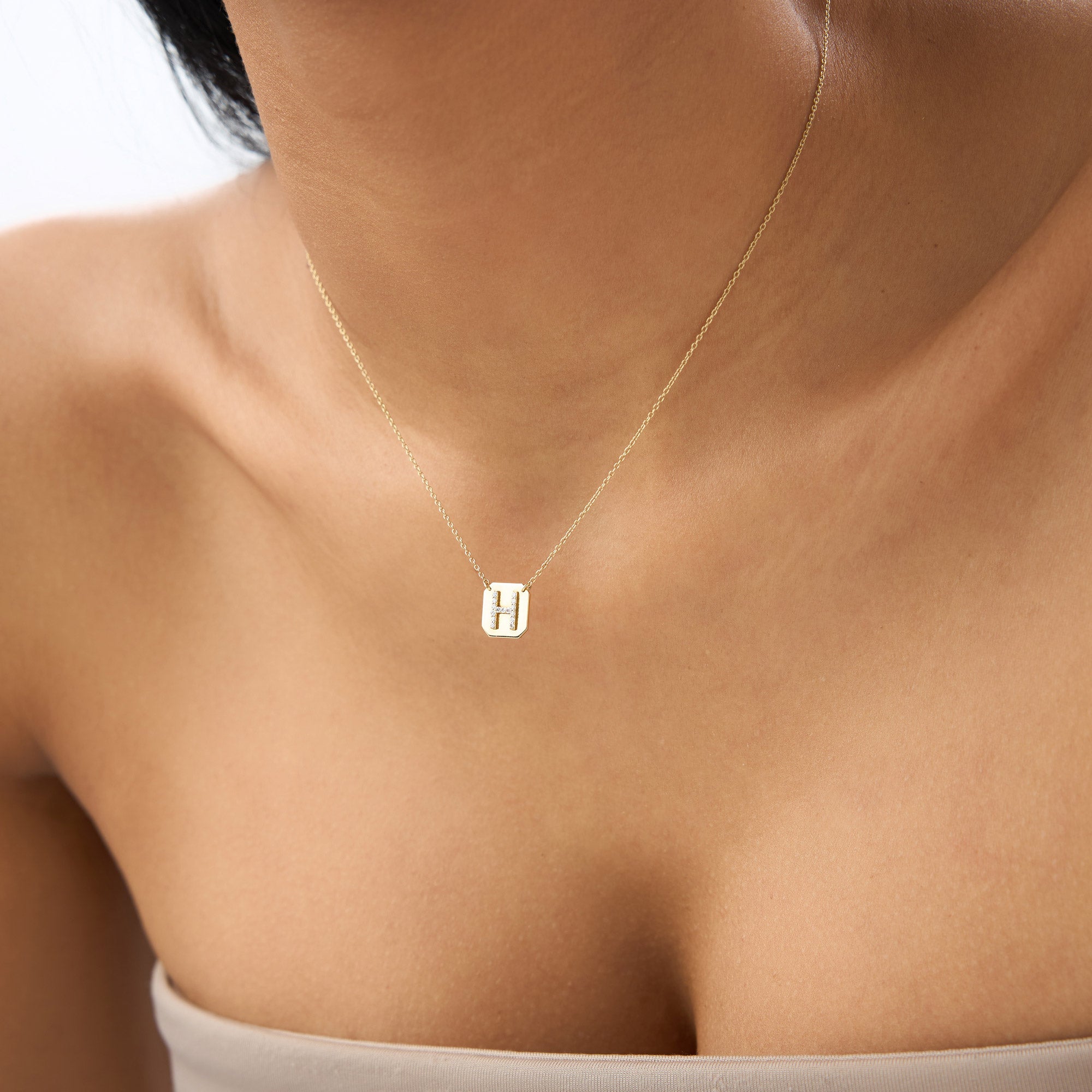 OBFJ2077 - Solid Gold Diamond Letter Necklace necklace in selectable metal and diamond options - Roselle Jewelry view 3