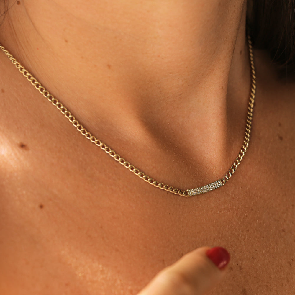 OBFJ2092 - 14k Gold 3MM Curb Link Diamond Pave Necklace 2