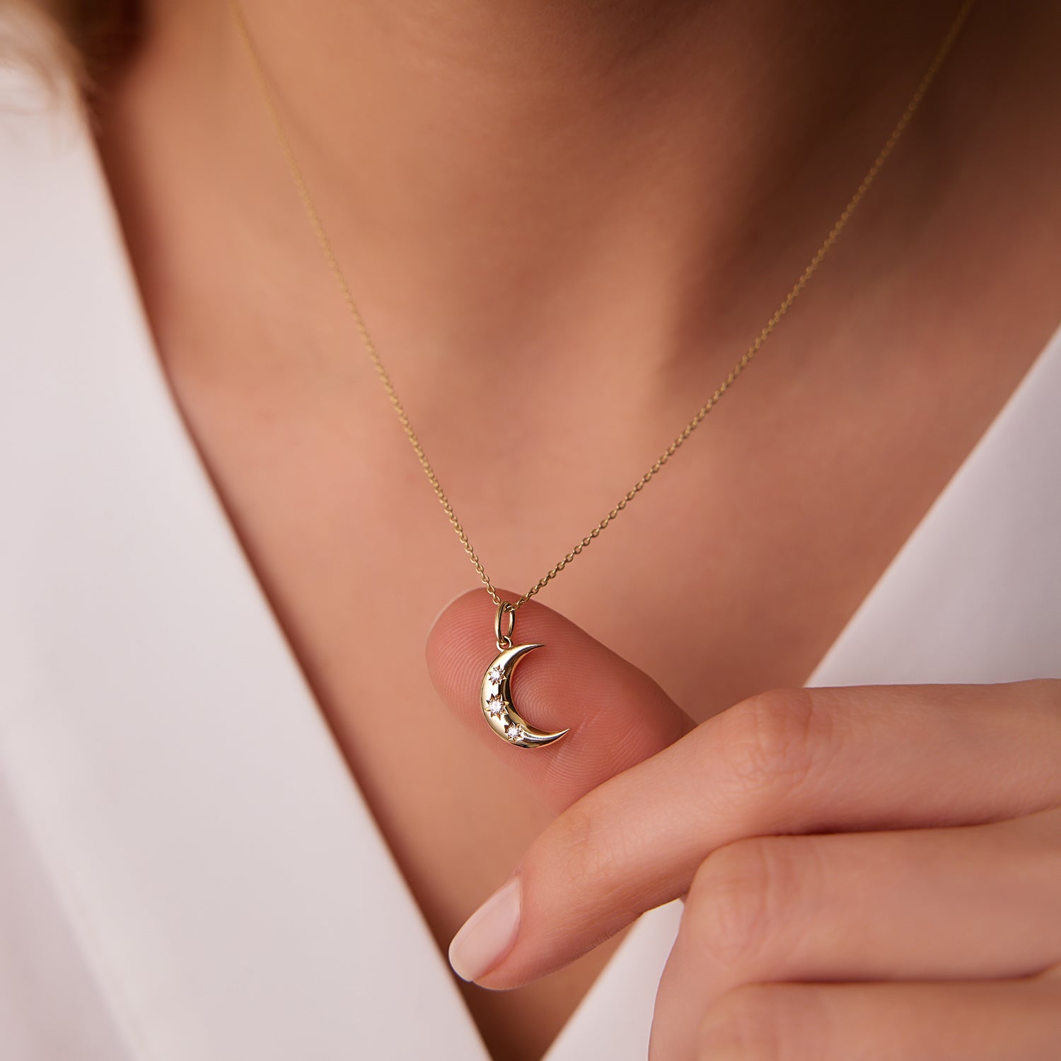 OBFJ2159 - Star Setting Crescent Diamond Necklace necklace in selectable metal and diamond options - Roselle Jewelry view 3