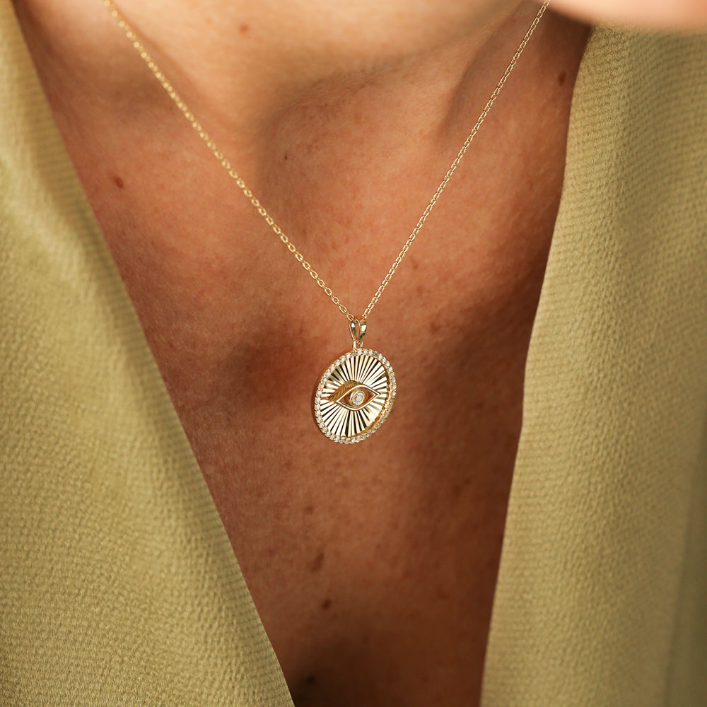 OBFJ2188 - Evil Eye Diamond Medallion Necklace necklace in selectable metal and diamond options - Roselle Jewelry view 3