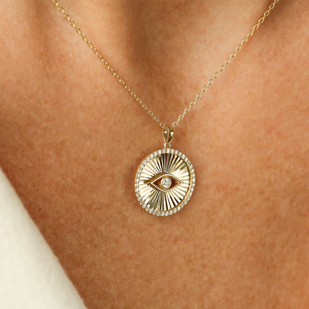 OBFJ2188 - Evil Eye Diamond Medallion Necklace necklace in selectable metal and diamond options - Roselle Jewelry view 2