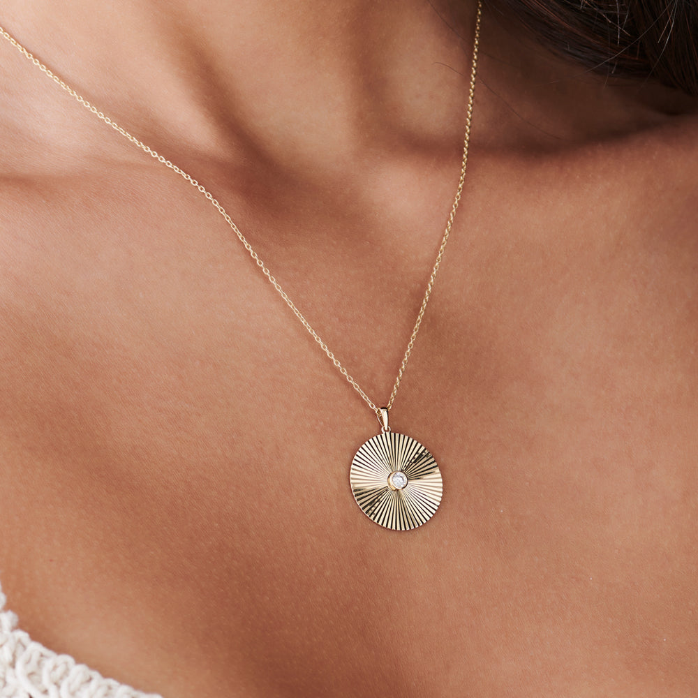OBFJ0108 - Large Diamond Disc Ray Necklace in 14K Rose Gold 4