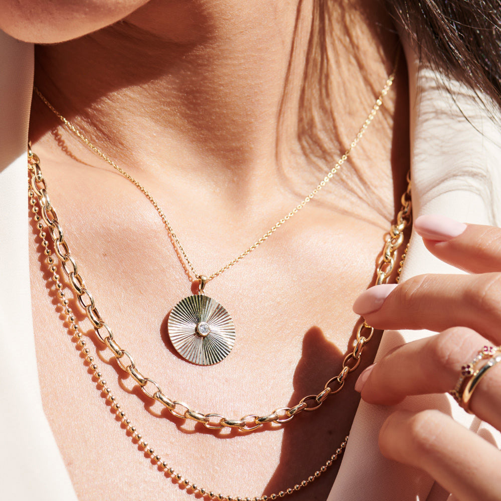 OBFJ0108 - Large Diamond Disc Ray Necklace in 14K Rose Gold 3