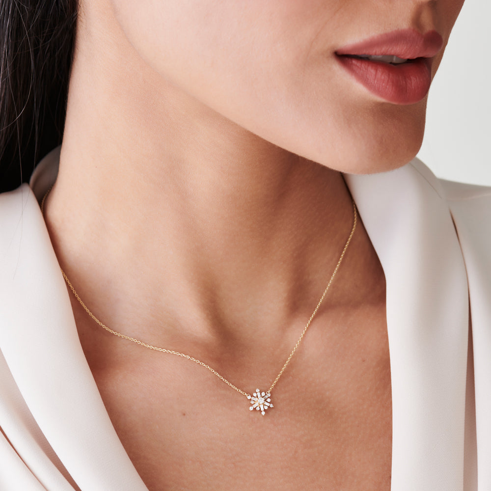 OBFJ1489 - 14k Baguette and Round Diamond Snowflake Necklace 2