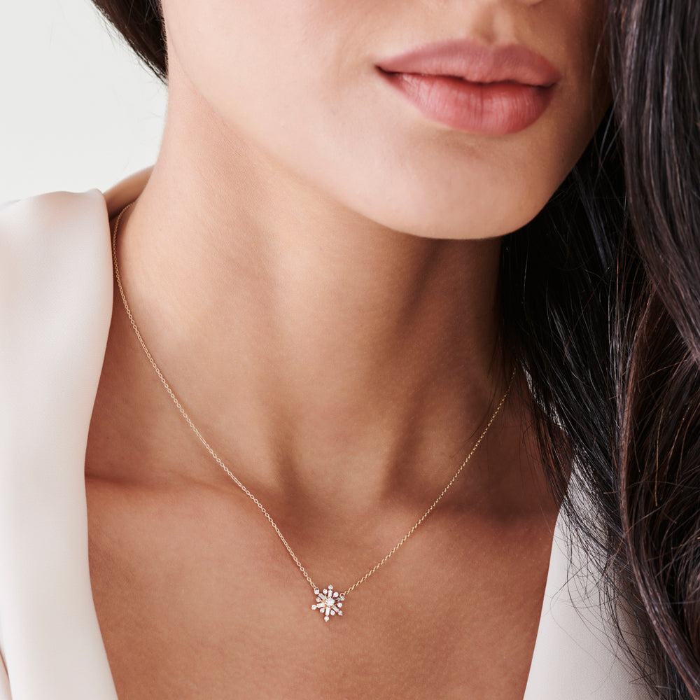 OBFJ1489 - 14k Baguette and Round Diamond Snowflake Necklace 4