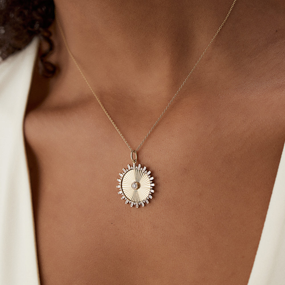 OBFJ1467 - 14k Baguette and Round Diamond Disc Ray Necklace 3