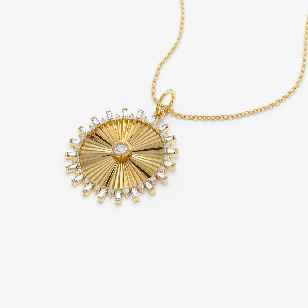 OBFJ1467 - 14k Baguette and Round Diamond Disc Ray Necklace 7