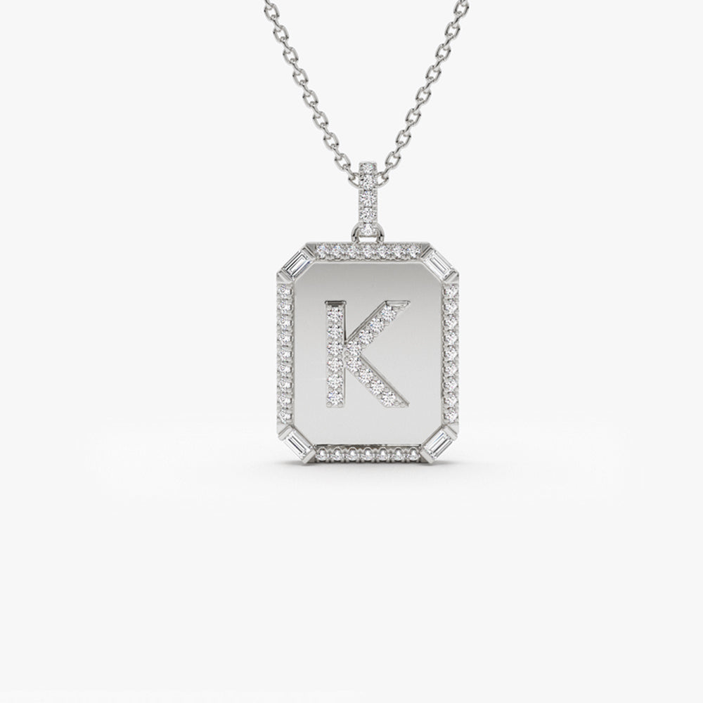 OBFJ1508 - 14k Baguette and Round Diamond Tag Initial Necklace 5