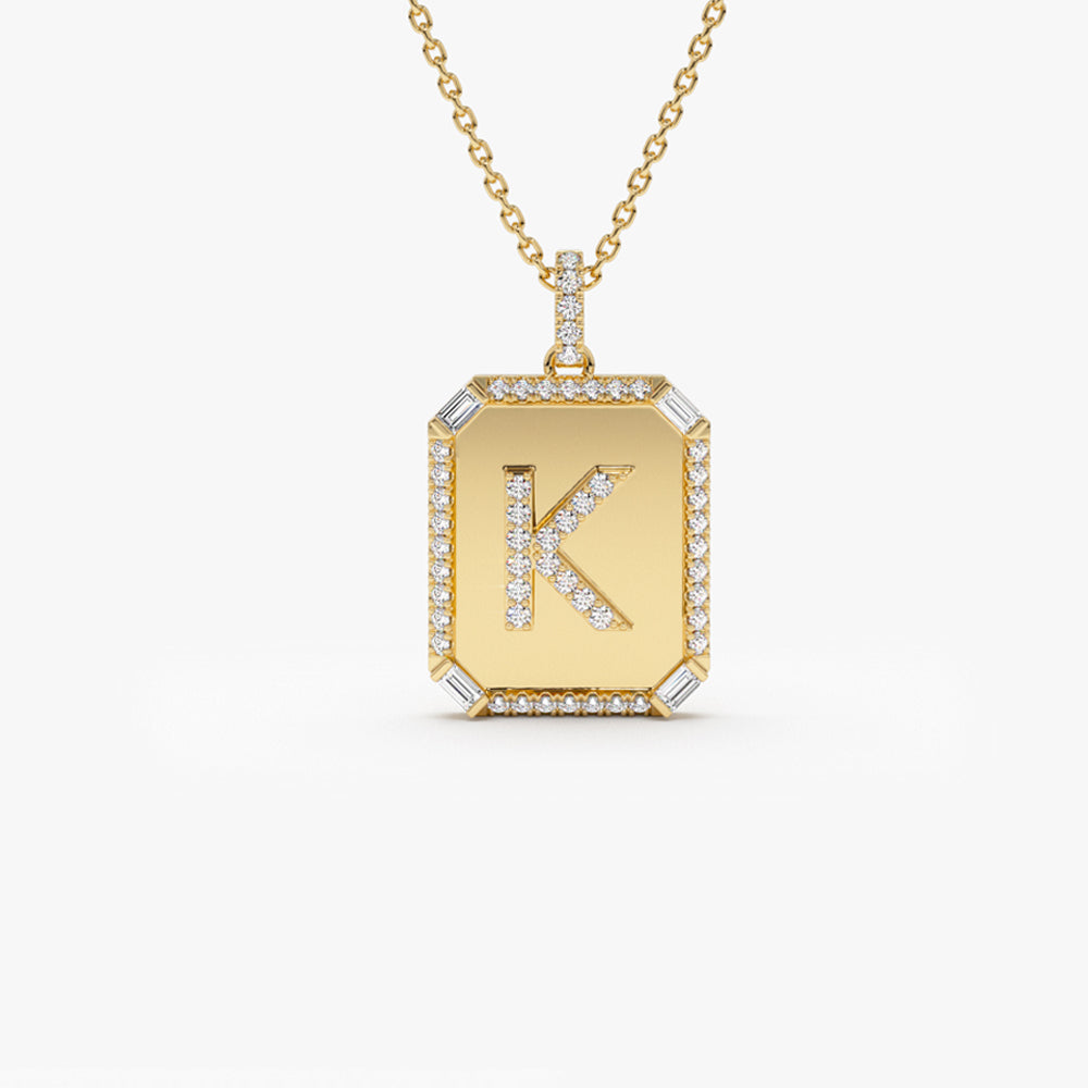 OBFJ1508 - 14k Baguette and Round Diamond Tag Initial Necklace 1