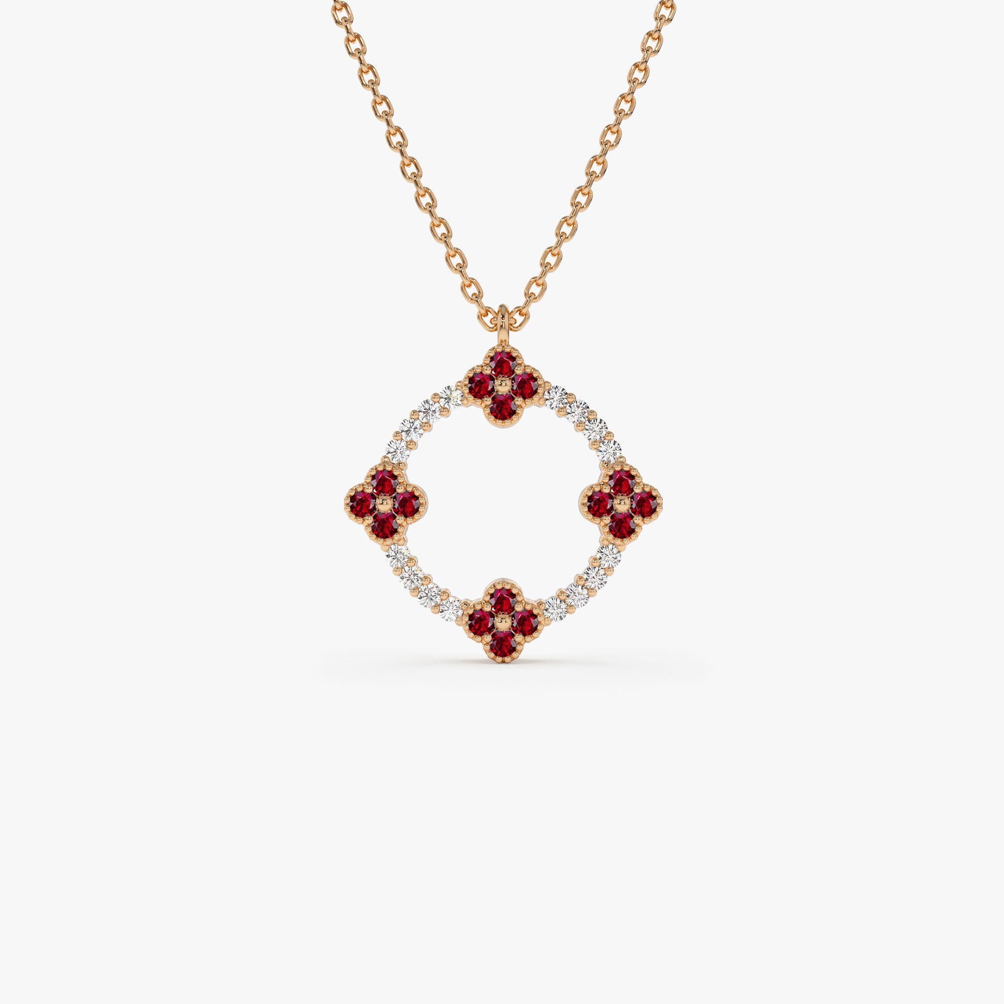 OBFJ1375 - 14k Diamond and Ruby Clover Necklace 4