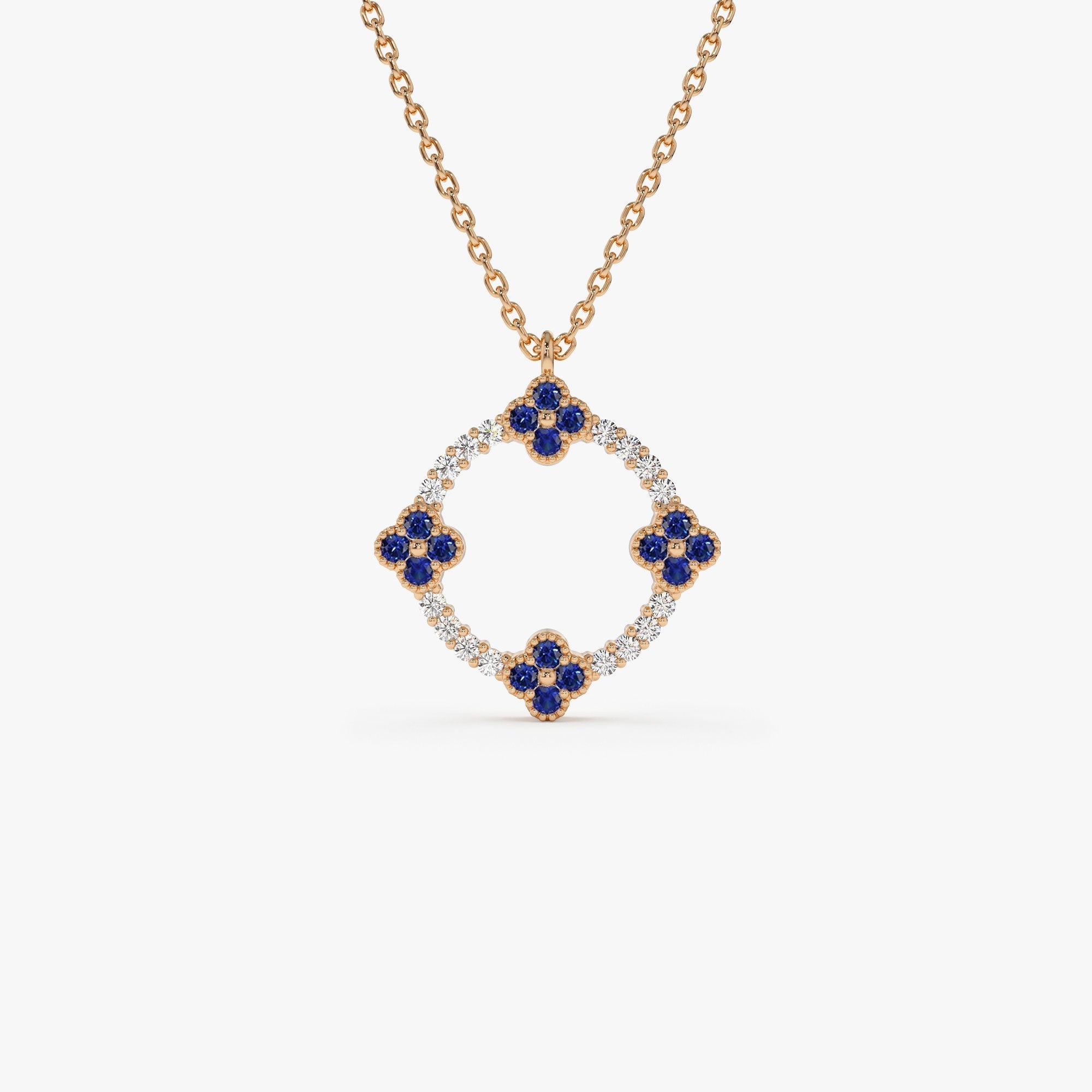 OBFJ0227 - 14k Rose Diamond and Sapphire Clover Necklace 1