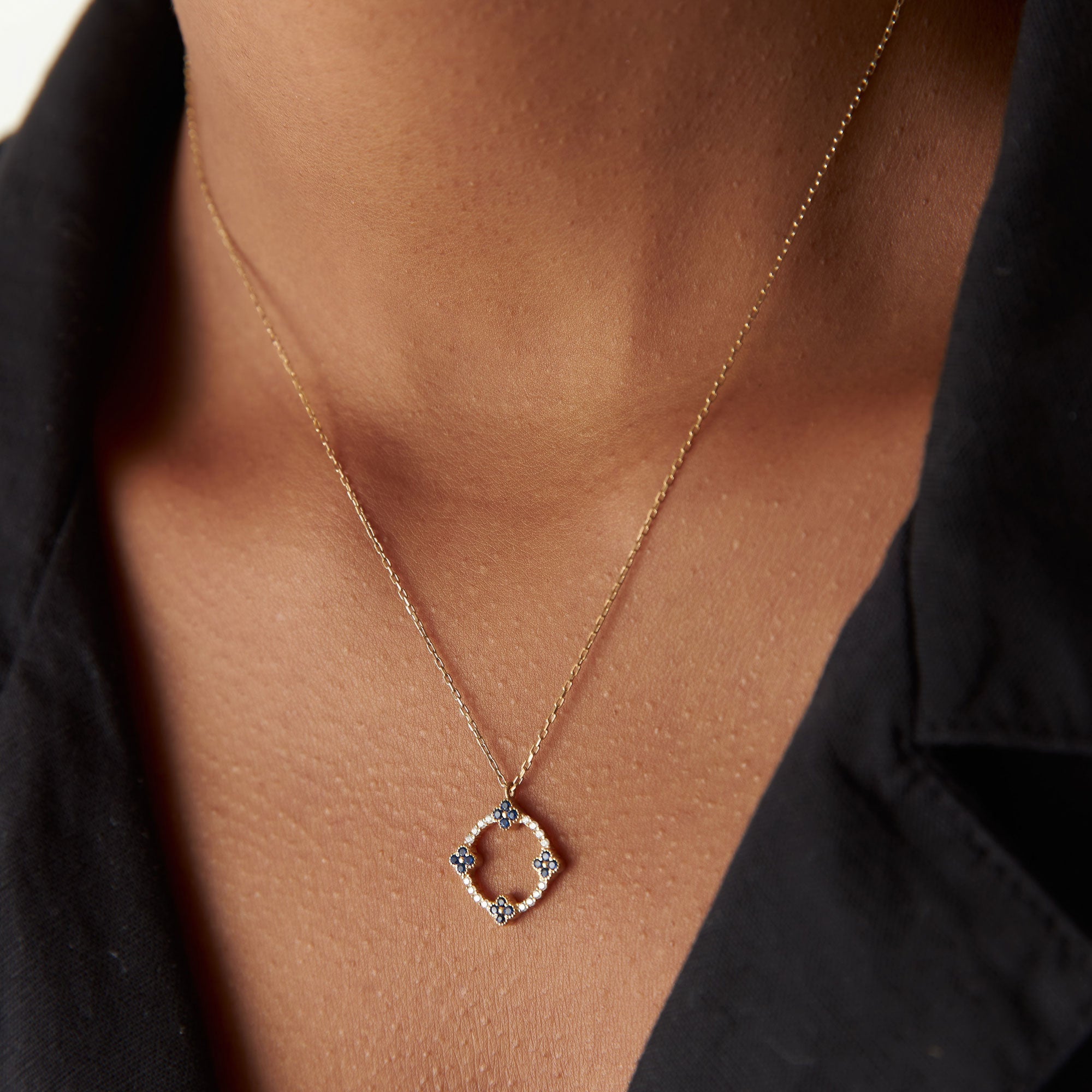 OBFJ1357 - 14k Diamond and Sapphire Clover Necklace 4