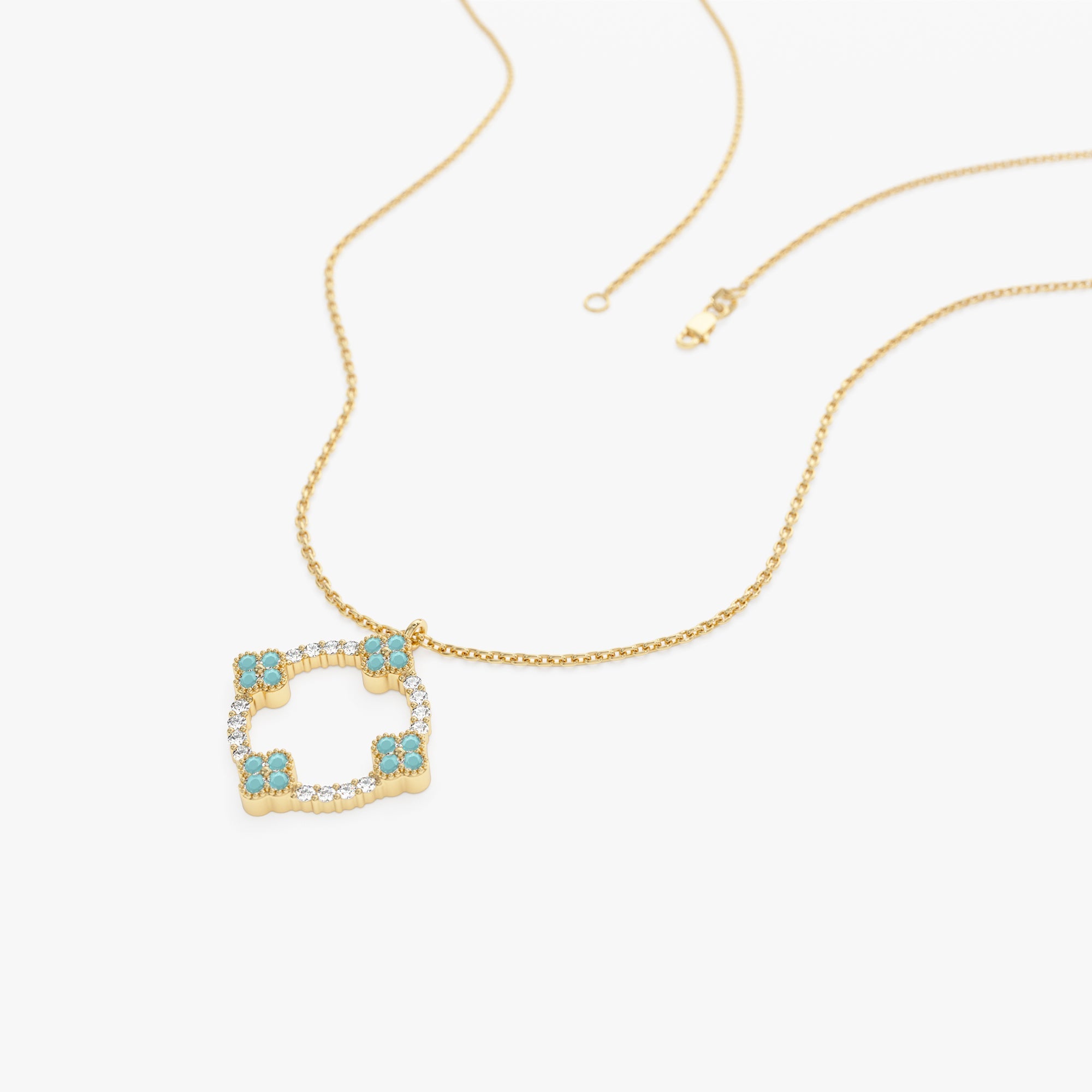 OBFJ1354 - 14k Turquoise and Diamond Clover Pendant Necklace 8