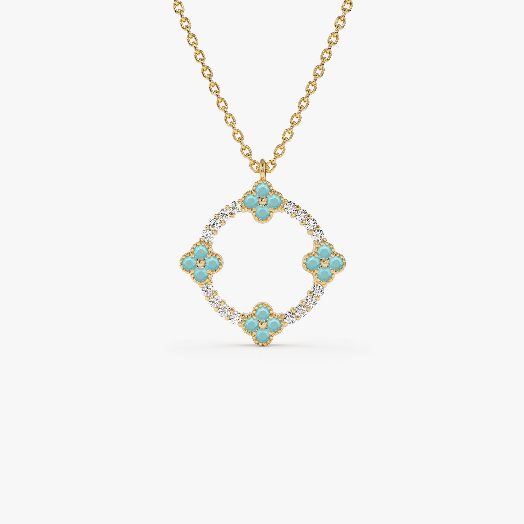 OBFJ1354 - 14k Turquoise and Diamond Clover Pendant Necklace 1