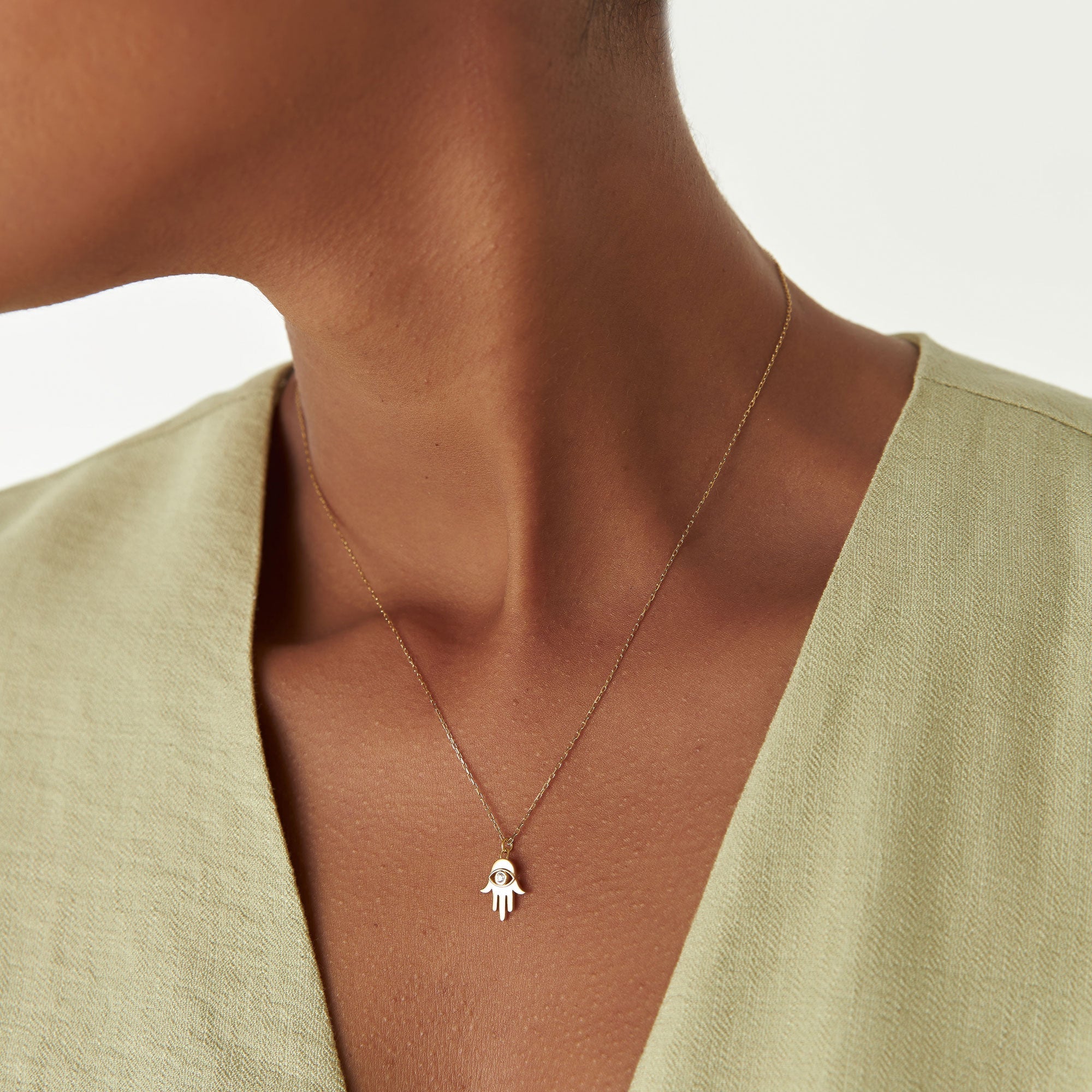 OBFJ1263 - 14k Diamond Hamsa Hand Protection Necklace 2