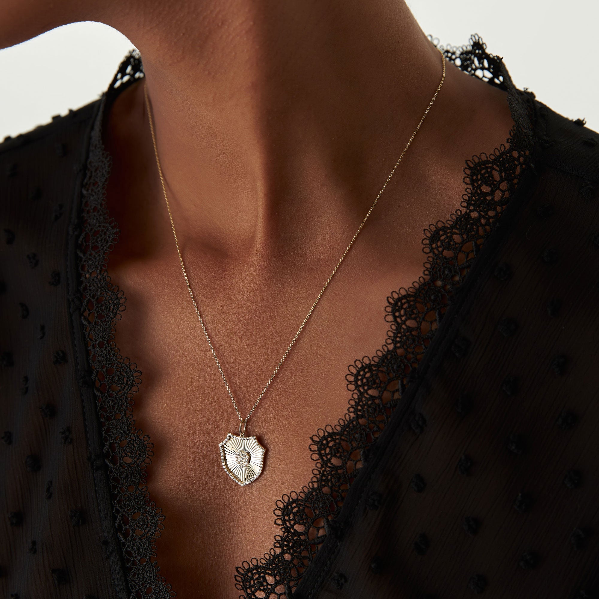 OBFJ1258 - 14k Diamond Shield Medallion Pendant 6