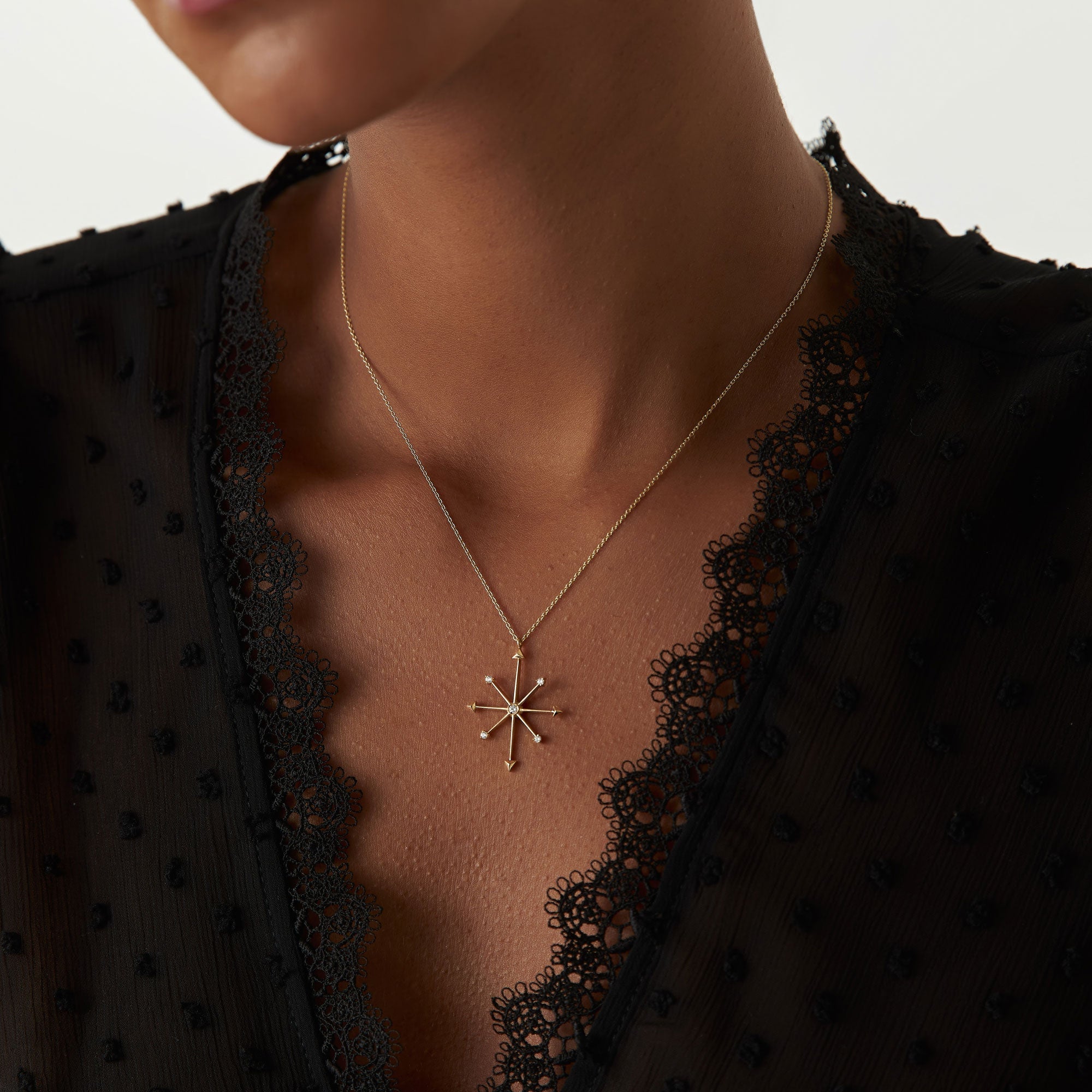 OBFJ1294 - 14k Layering Diamond Compass Charm Necklace 2