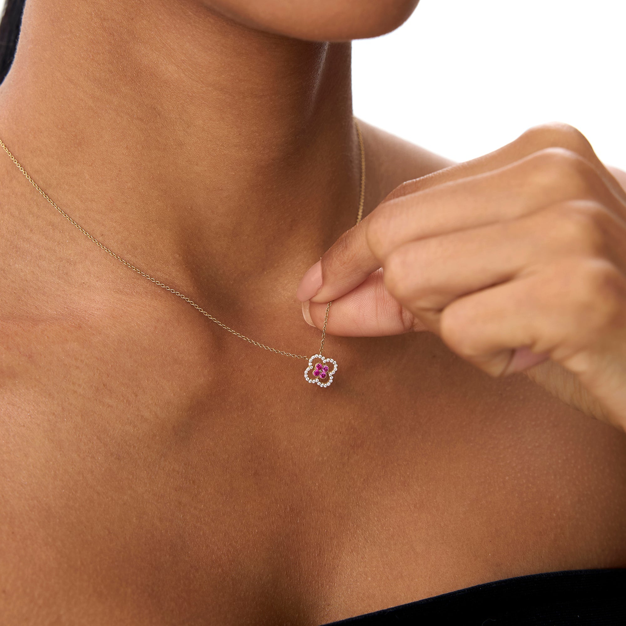 OBFJ0910 - 14k Ruby Clover Necklace in Halo Setting 2
