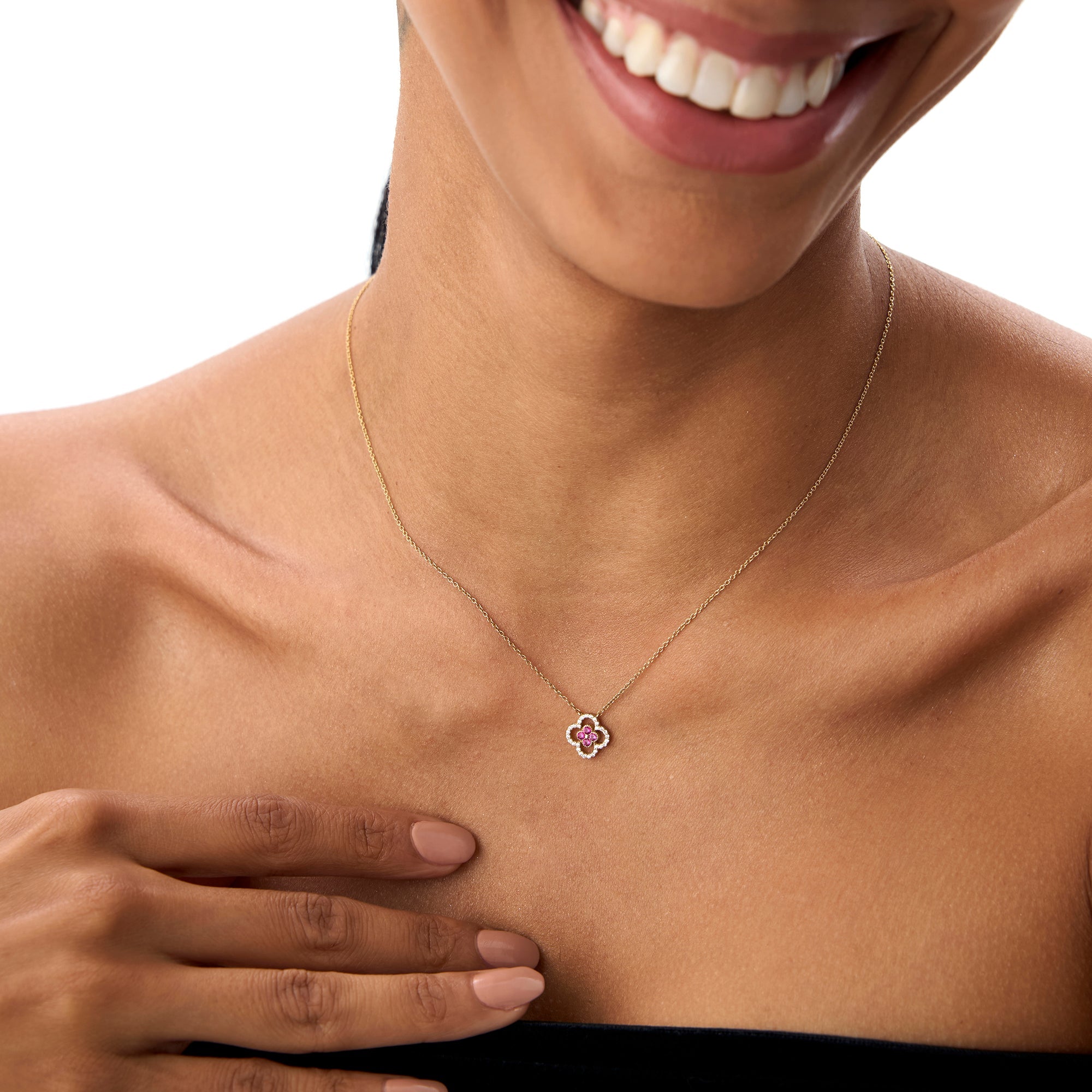 OBFJ0910 - 14k Ruby Clover Necklace in Halo Setting 5