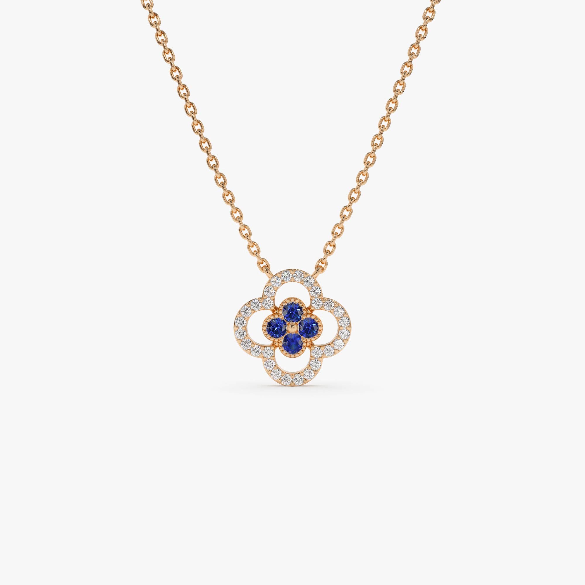 OBFJ0908 - 14k Sapphire Clover Necklace in Halo Setting 7