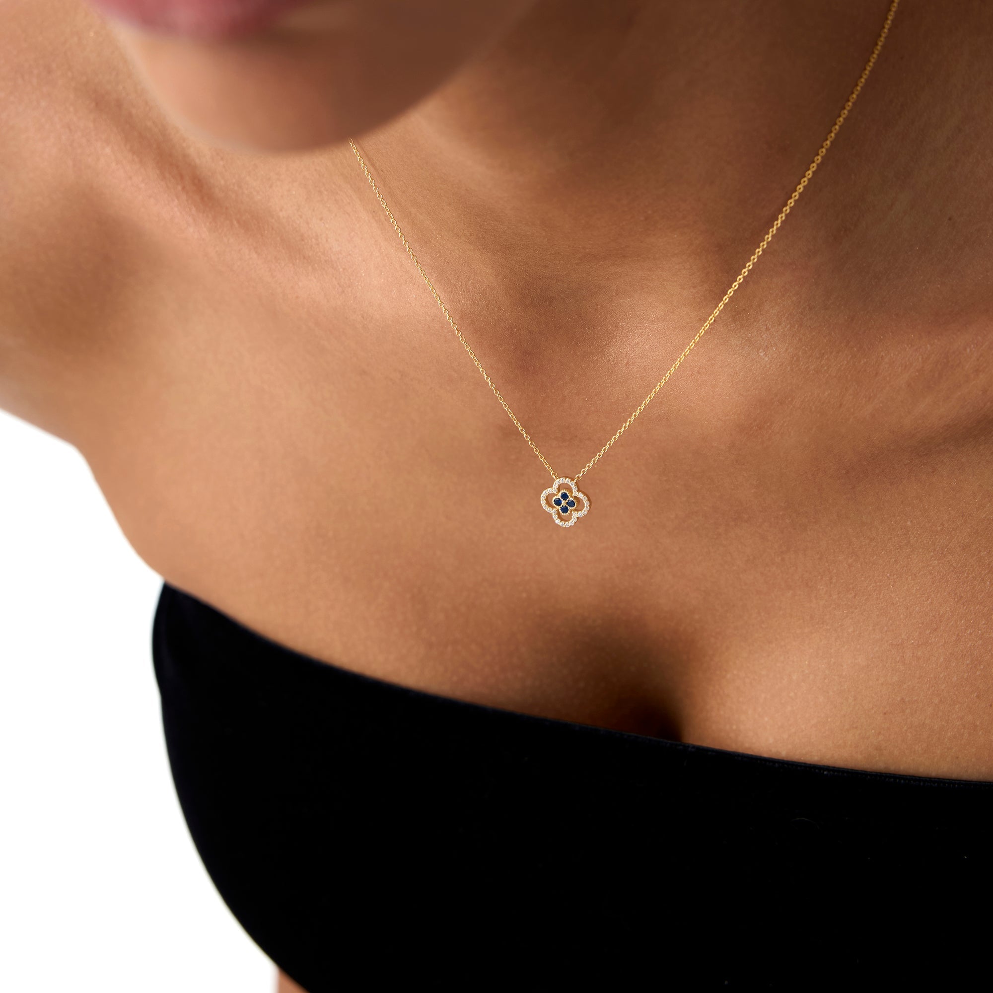 OBFJ0908 - 14k Sapphire Clover Necklace in Halo Setting 5