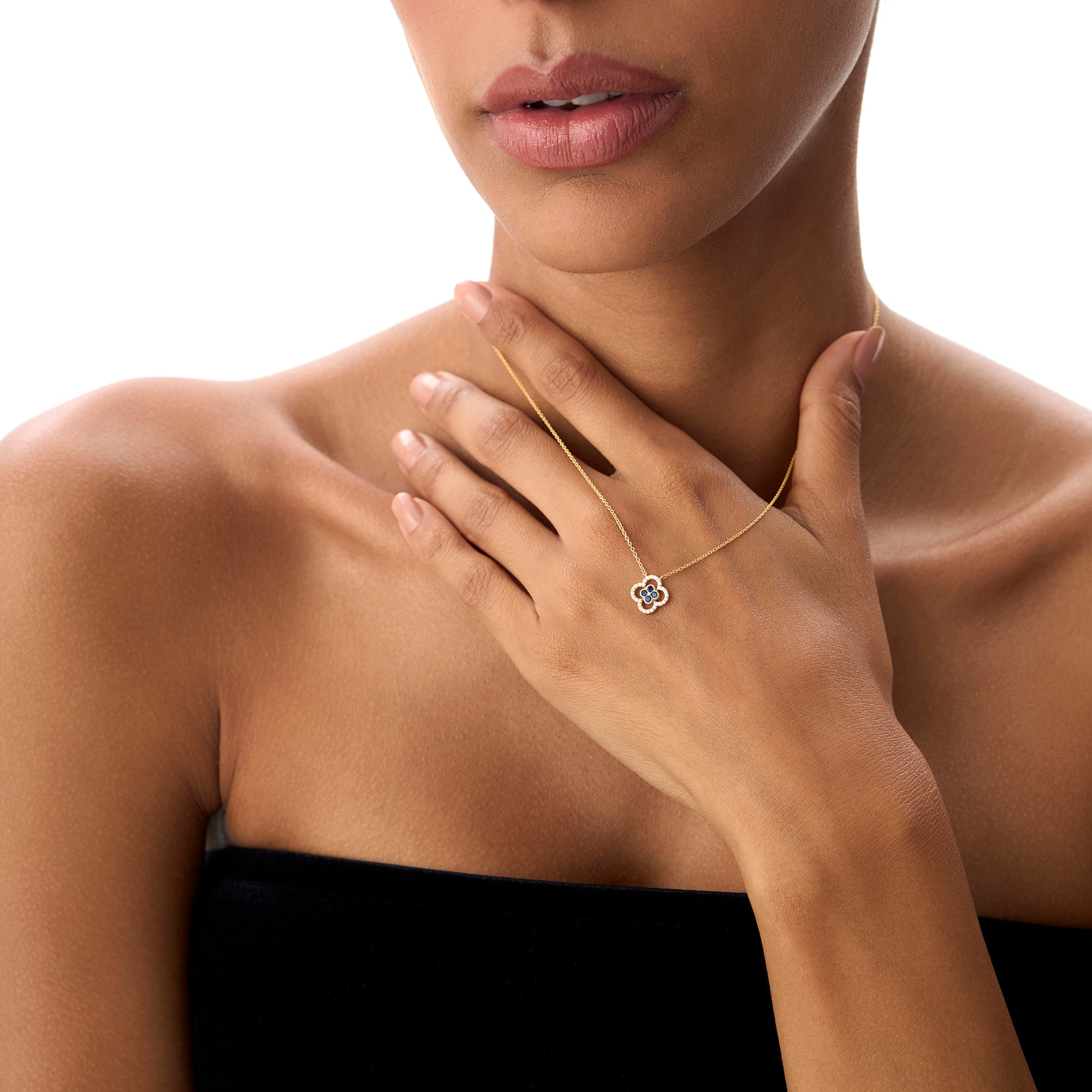 OBFJ0908 - 14k Sapphire Clover Necklace in Halo Setting 3