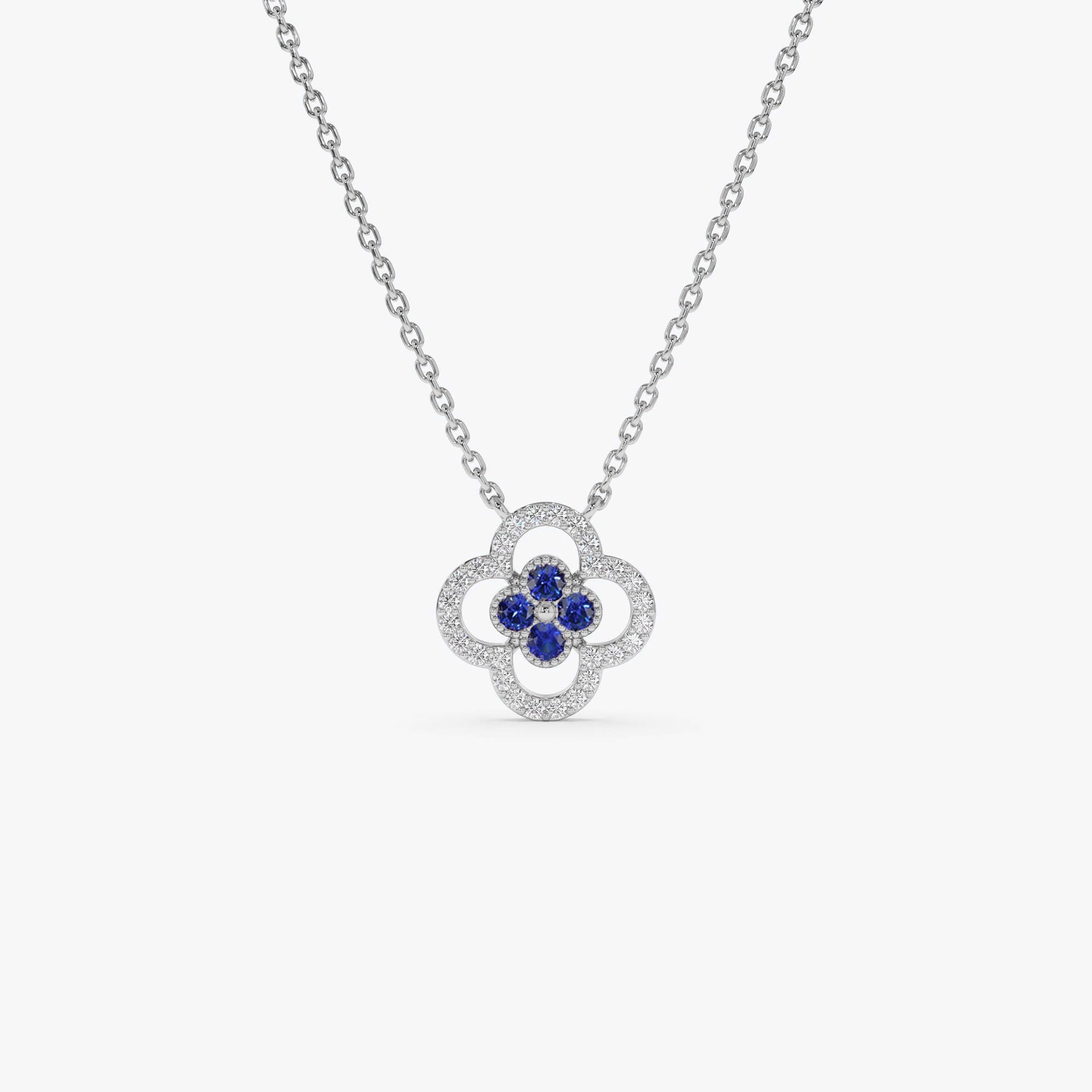OBFJ0908 - 14k Sapphire Clover Necklace in Halo Setting 6