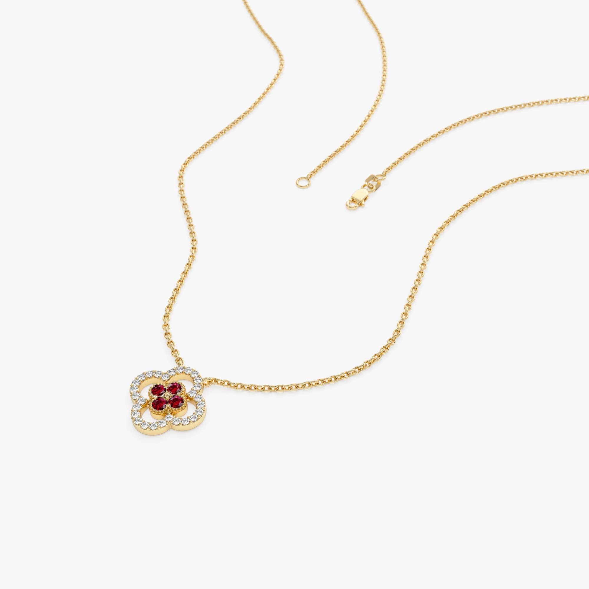 OBFJ0910 - 14k Ruby Clover Necklace in Halo Setting 8