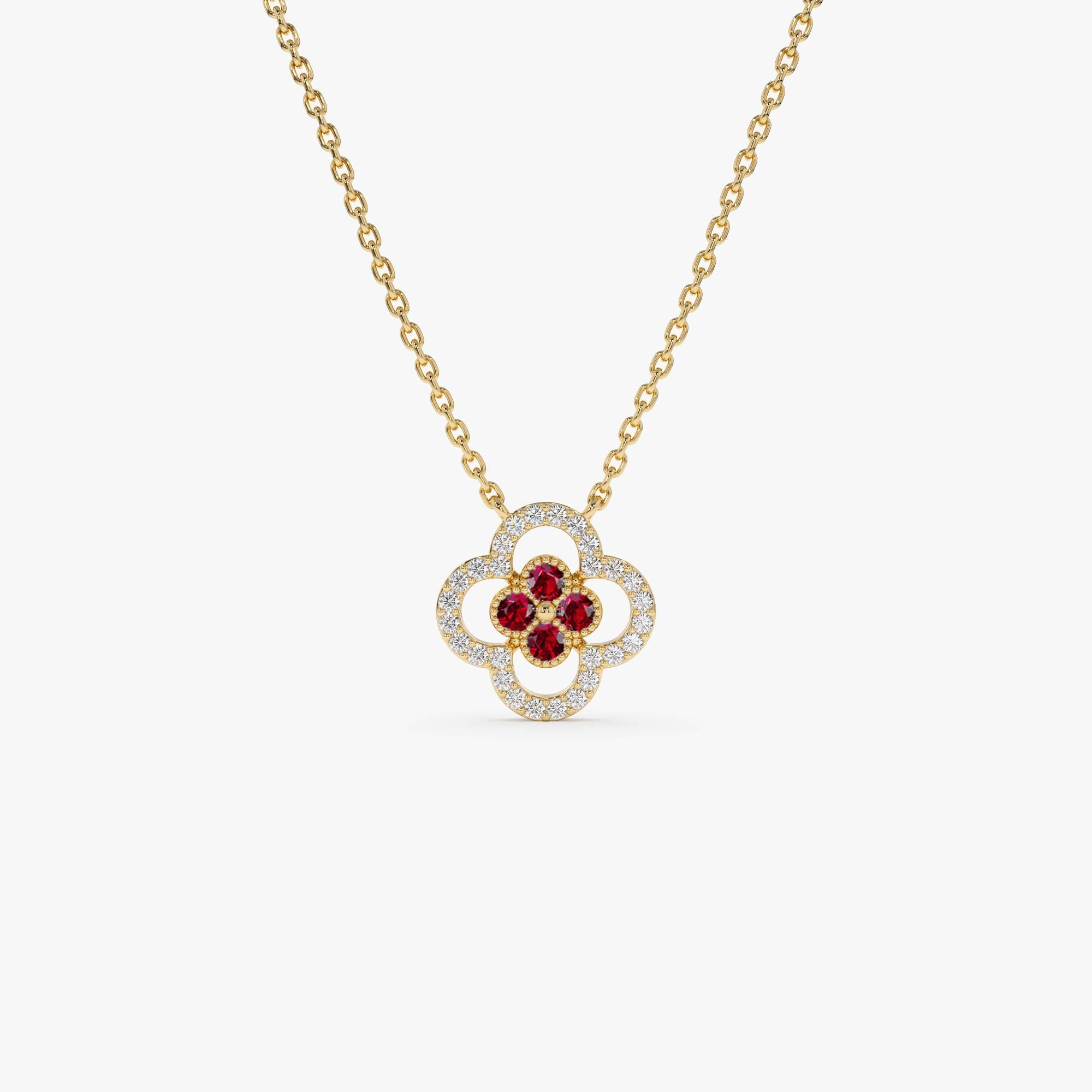 OBFJ0910 - 14k Ruby Clover Necklace in Halo Setting 1