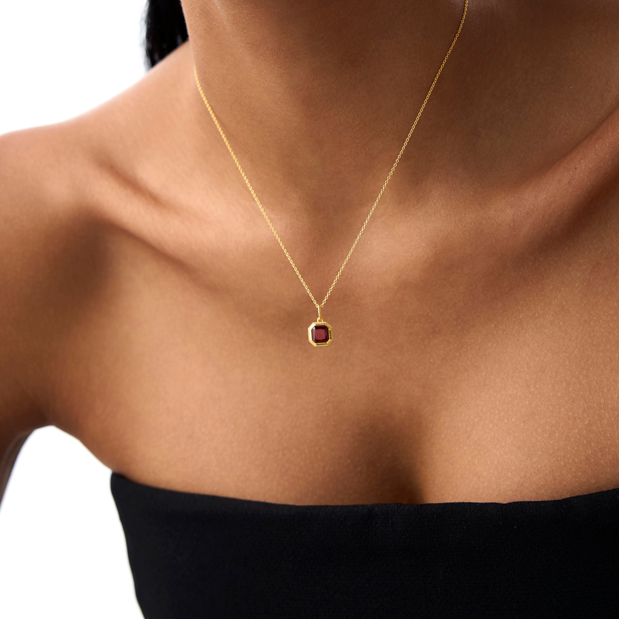 OBFJ0821 - 14K Asscher Cut Bezel Set Garnet Necklace 2