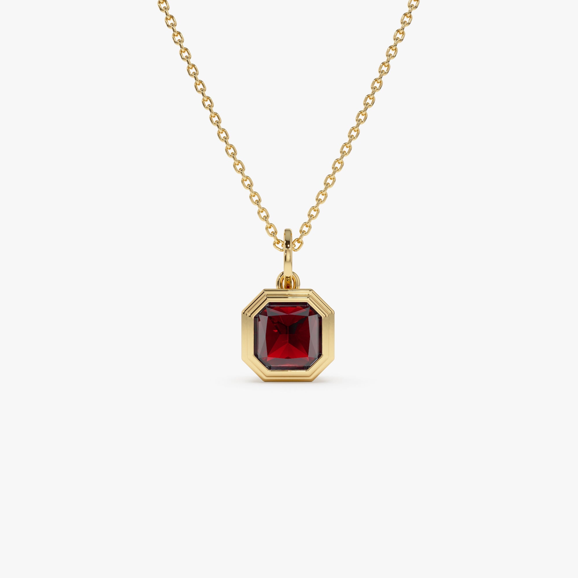 OBFJ0821 - 14K Asscher Cut Bezel Set Garnet Necklace 1