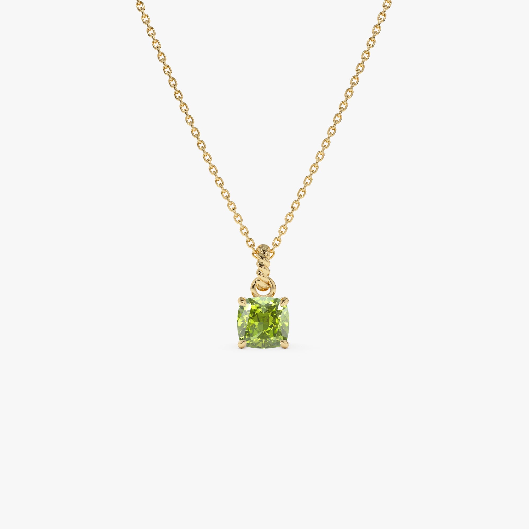 OBFJ0814 - 14K Cushion Cut Peridot Solitaire Necklace 1