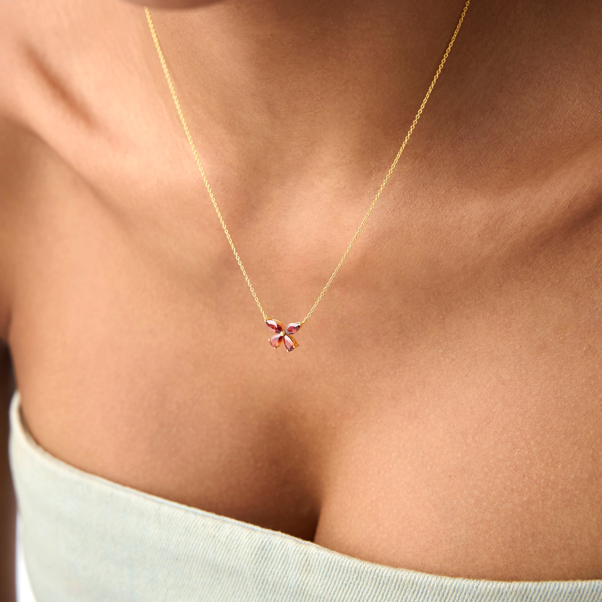 OBFJ0829 - 14K Gold Garnet Butterfly Necklace 2