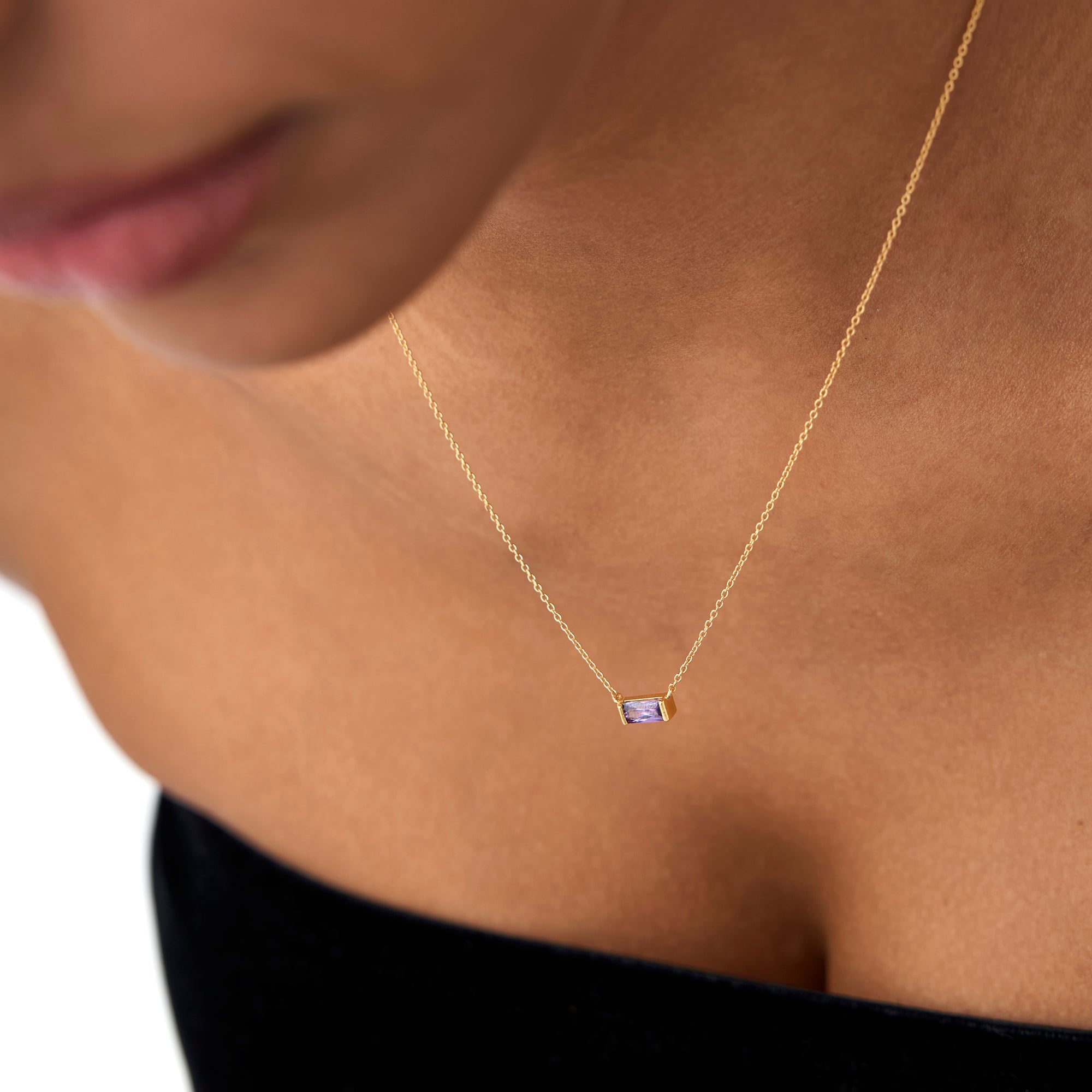 OBFJ0836 - 14Kt Gold Baguette Amethyst Dainty Birthstone Necklace 4