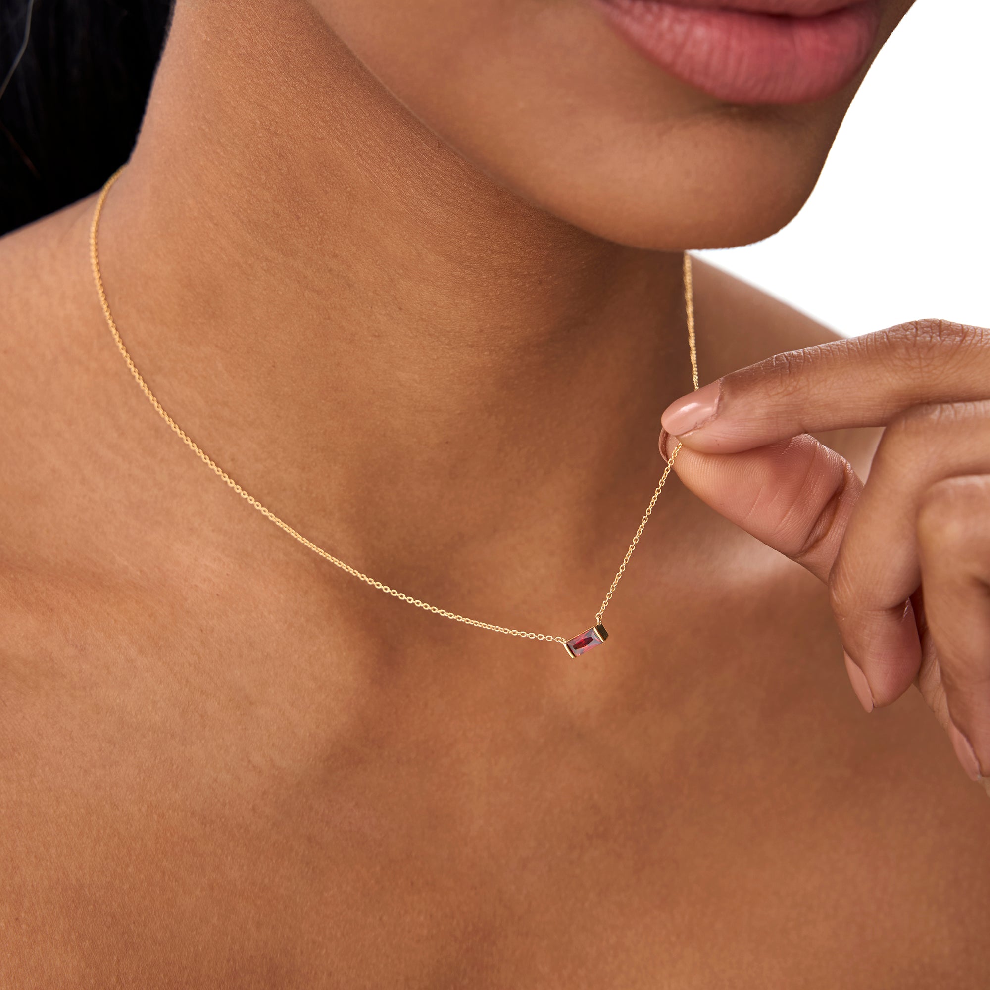 OBFJ0837 - 14Kt Gold Baguette Garnet Dainty Birthstone Necklace 2