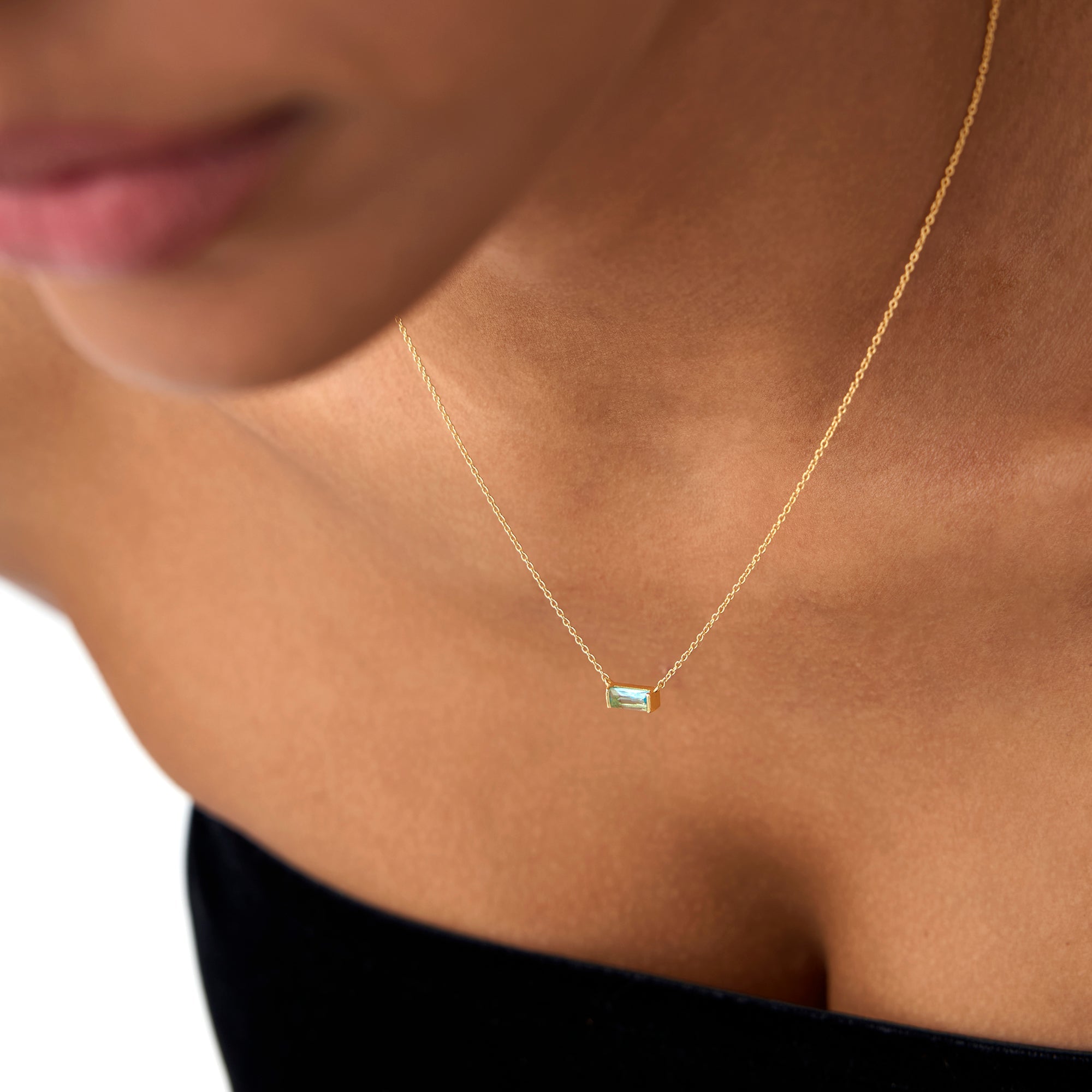 OBFJ0838 - 14Kt Gold Baguette London Blue Topaz Dainty Birthstone Necklace 3
