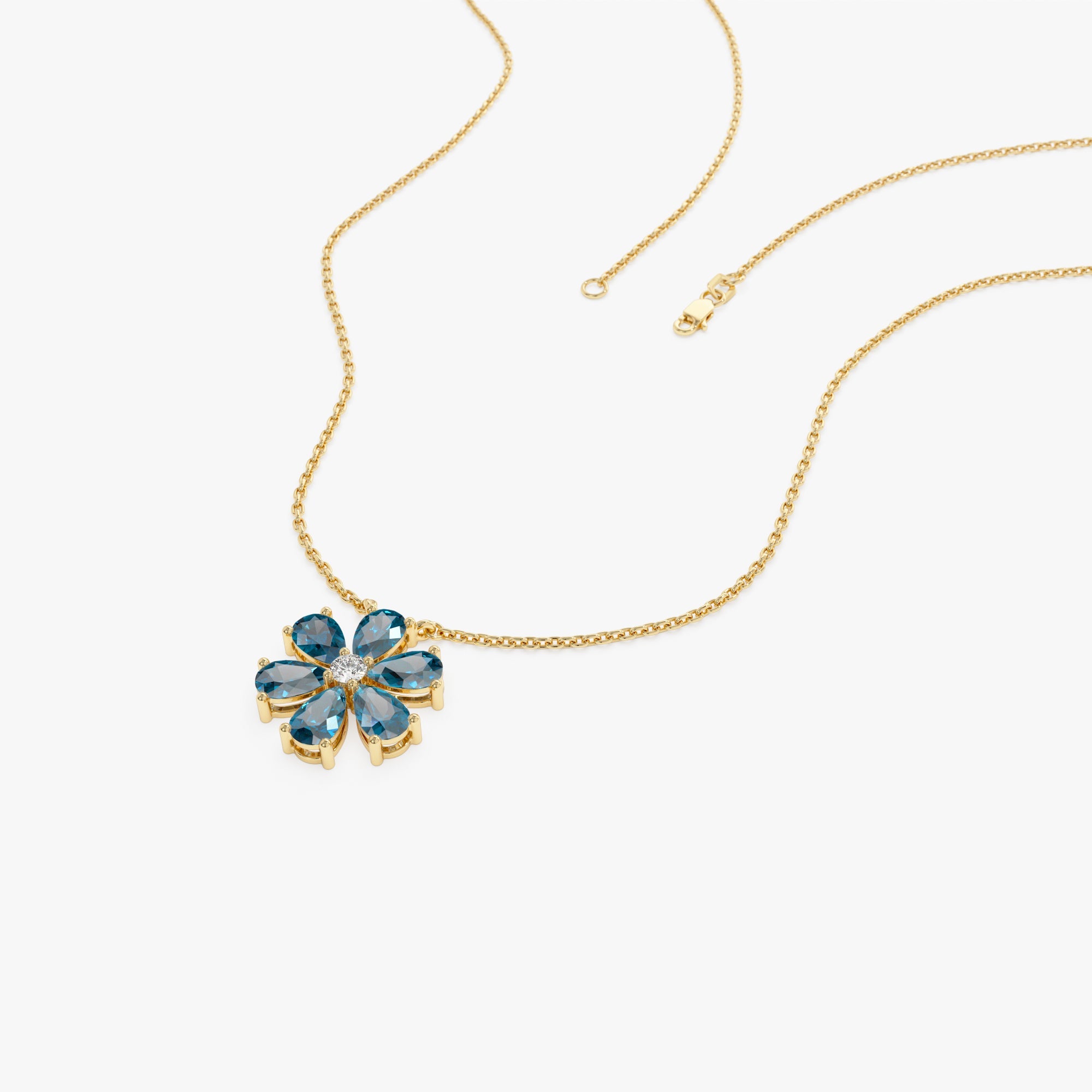 OBFJ0843 - 14K Gold London Blue Topaz Flower Necklace 7