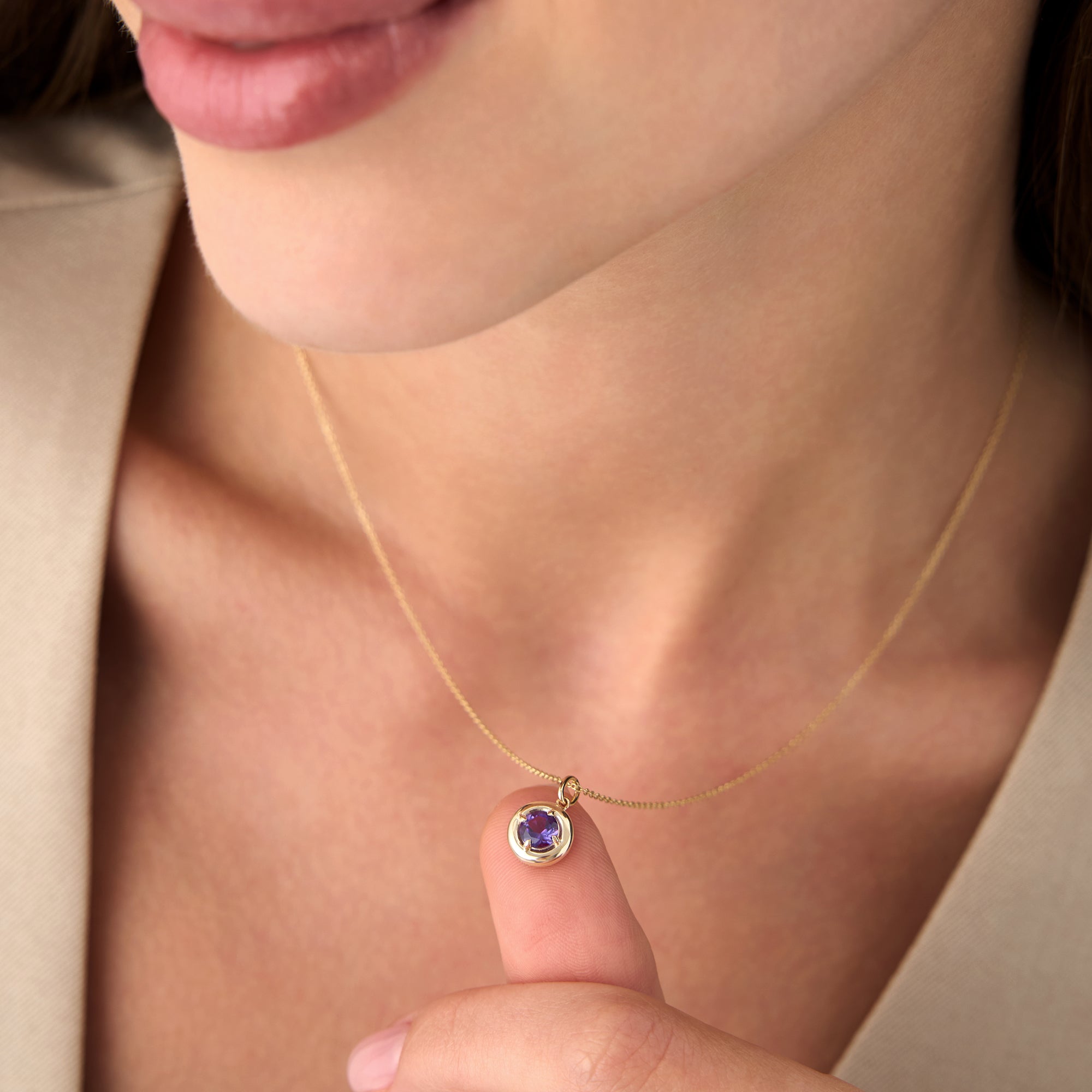 OBFJ0451 - 14K Prong Setting Round Amethyst Charm Necklace 3