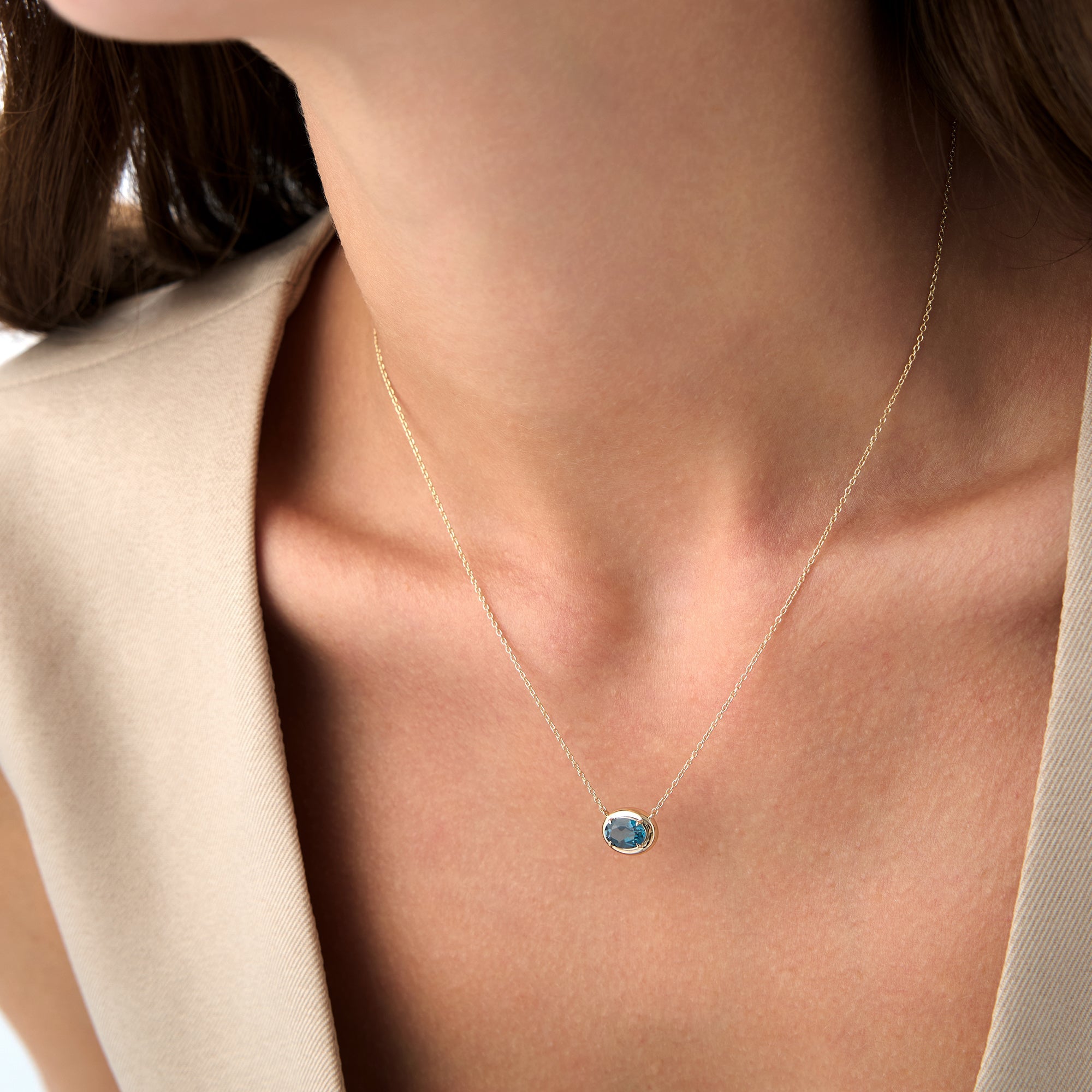 OBFJ0458 - 14K Prong Setting Oval Shaped London Blue Topaz Necklace 3