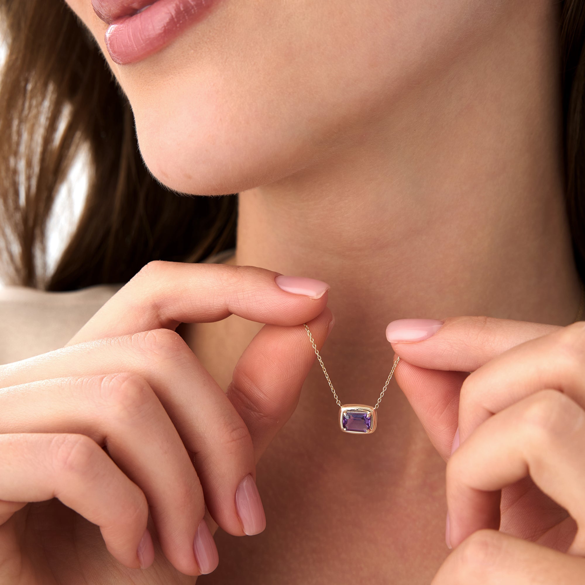 OBFJ0461 - 14K Prong Setting Emerald Cut Amethyst Necklace 2
