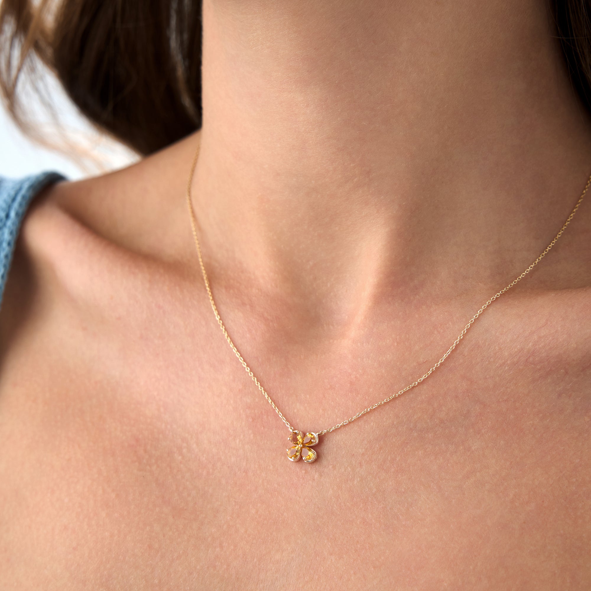 OBFJ0479 - 14K Four Leaf Citrine Clover Necklace 3