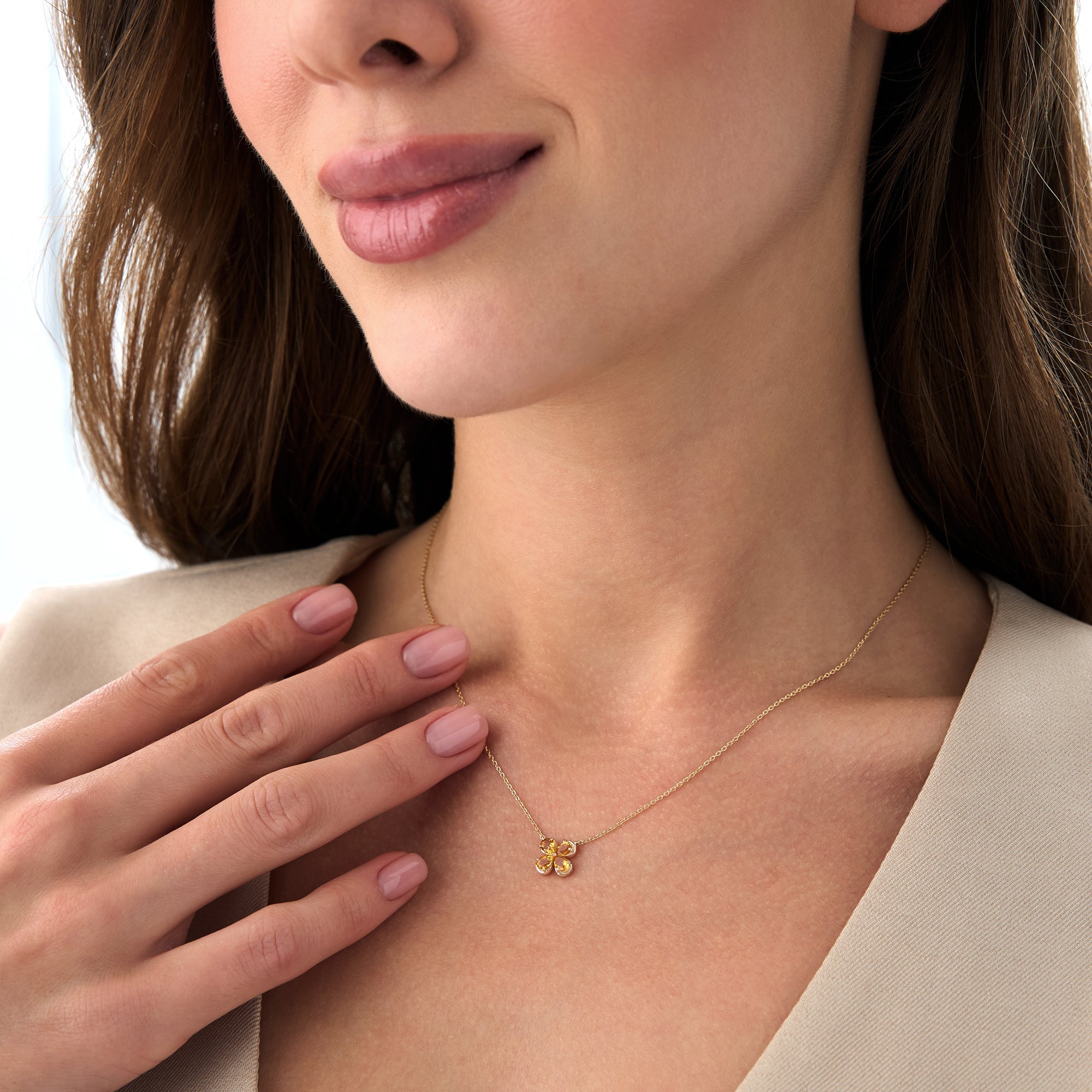 OBFJ0479 - 14K Four Leaf Citrine Clover Necklace 5