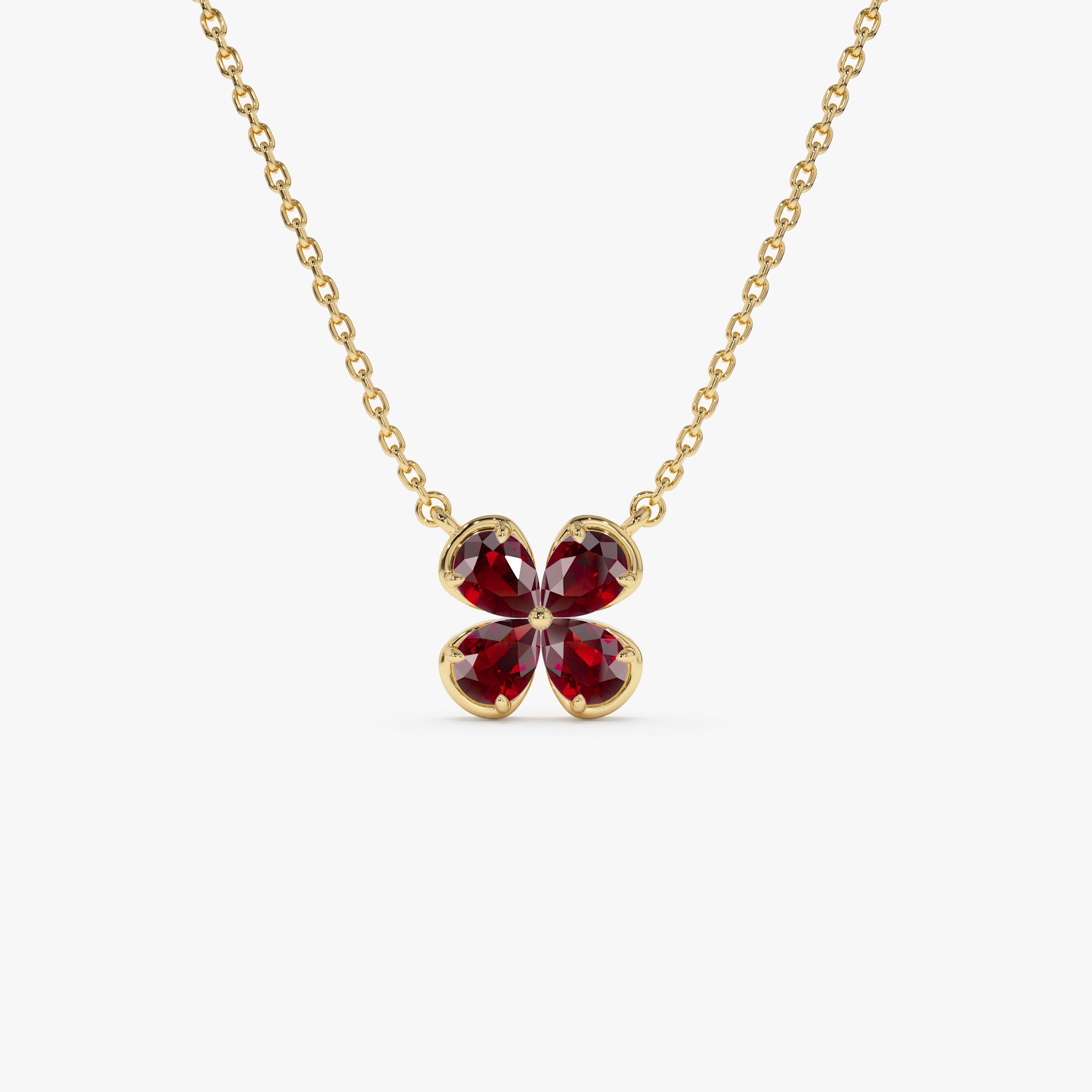 OBFJ0478 - 14K Four Leaf Garnet Clover Necklace 1