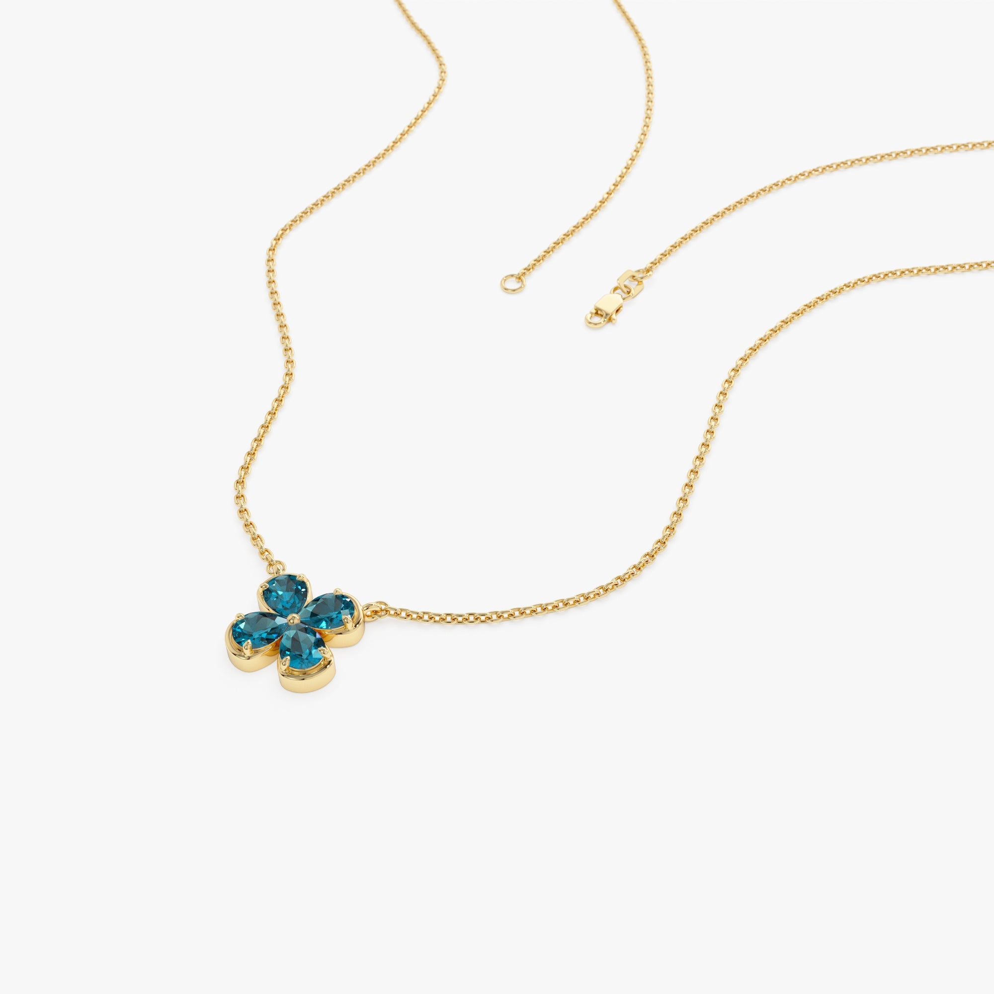 OBFJ0477 - 14K Four Leaf London Blue Topaz Clover Necklace 6