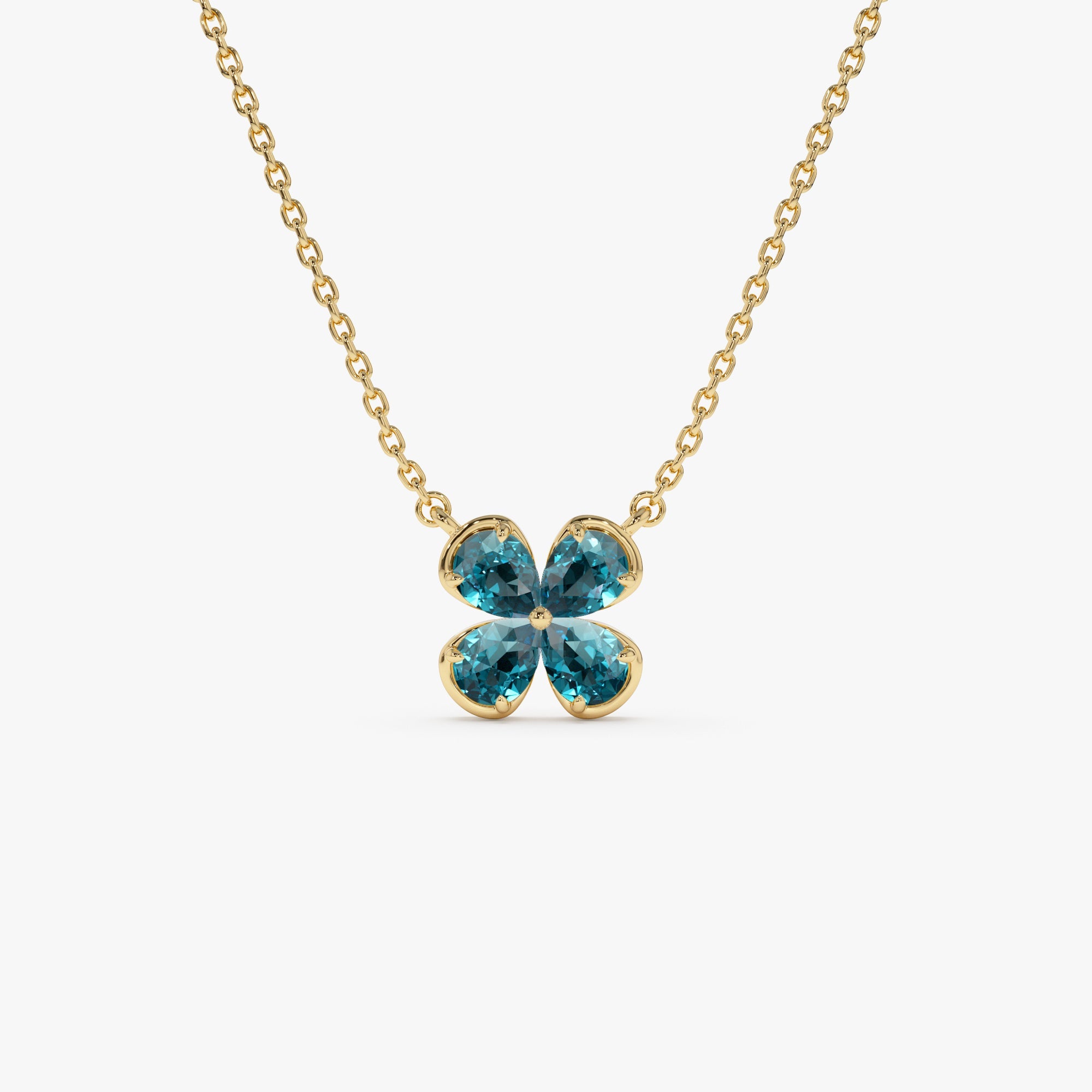 OBFJ0477 - 14K Four Leaf London Blue Topaz Clover Necklace 1