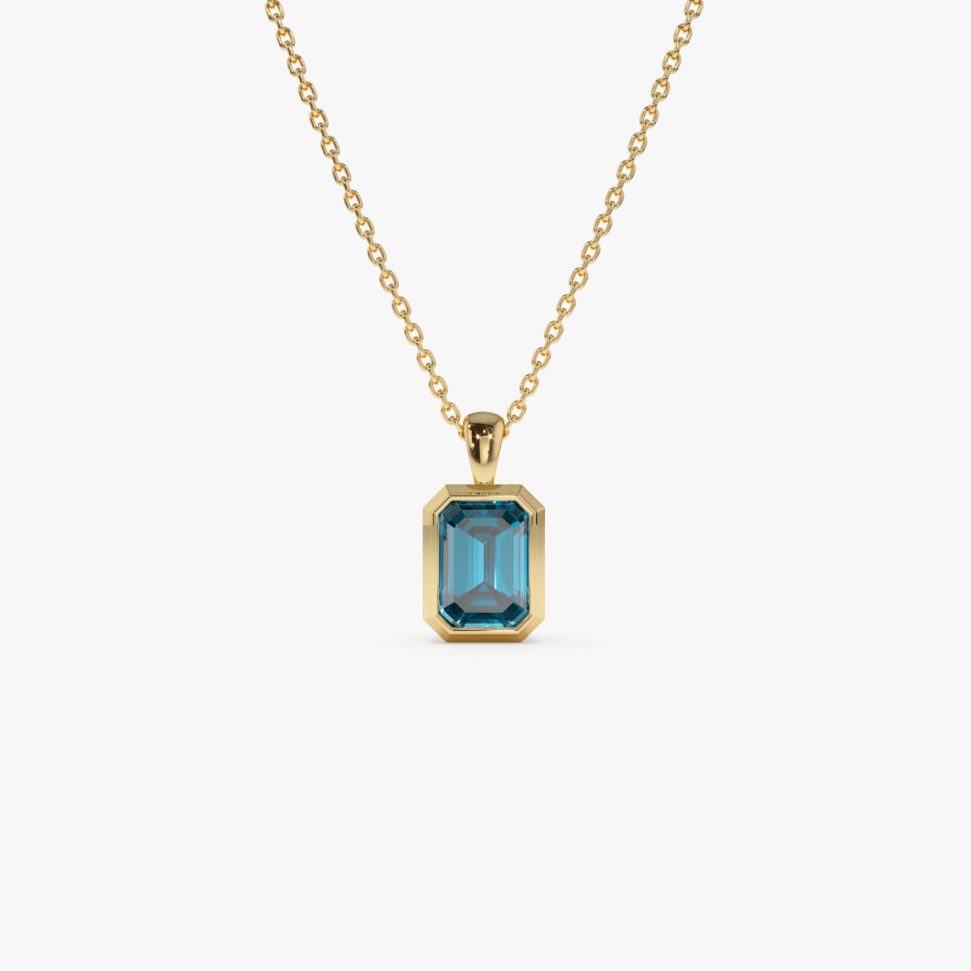 OBFJ0472 - 14K Emerald Cut London Blue Topaz Vertical Bezel Setting Pendant 1
